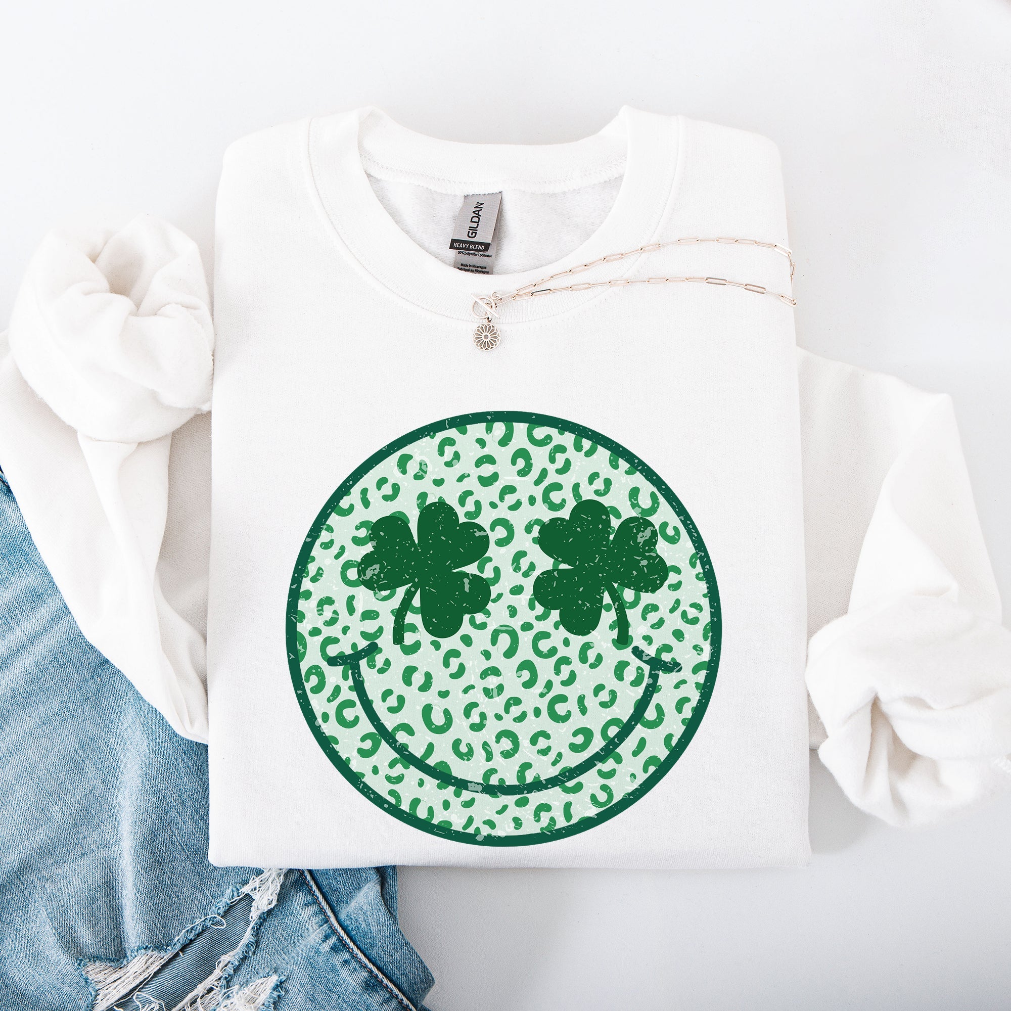 Leopard Print Smiley Retro Shamrock Clover Lucky Leprechaun St Patrick's Day Sweatshirt