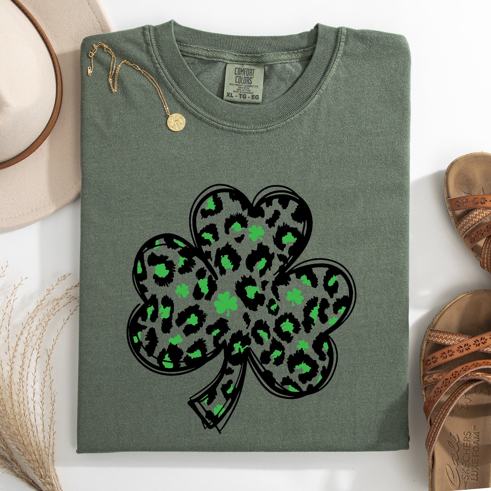 Leopard Print St Patrick's Day Shamrock Clover Lucky Leprechaun Comfort Colors Tee