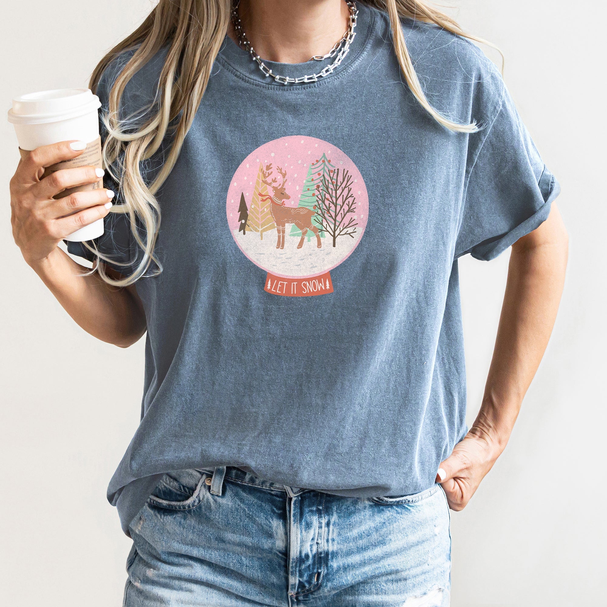 Let It Snow Snow Ball Christmas Deer Seasonal Festivity Design Holiday Collection Edition Comfort Colors Tee