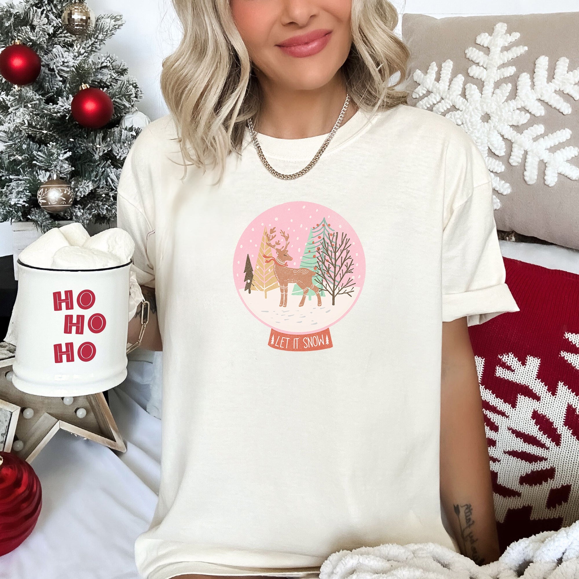 Let It Snow Snow Ball Christmas Deer Seasonal Festivity Design Holiday Collection Edition Comfort Colors Tee