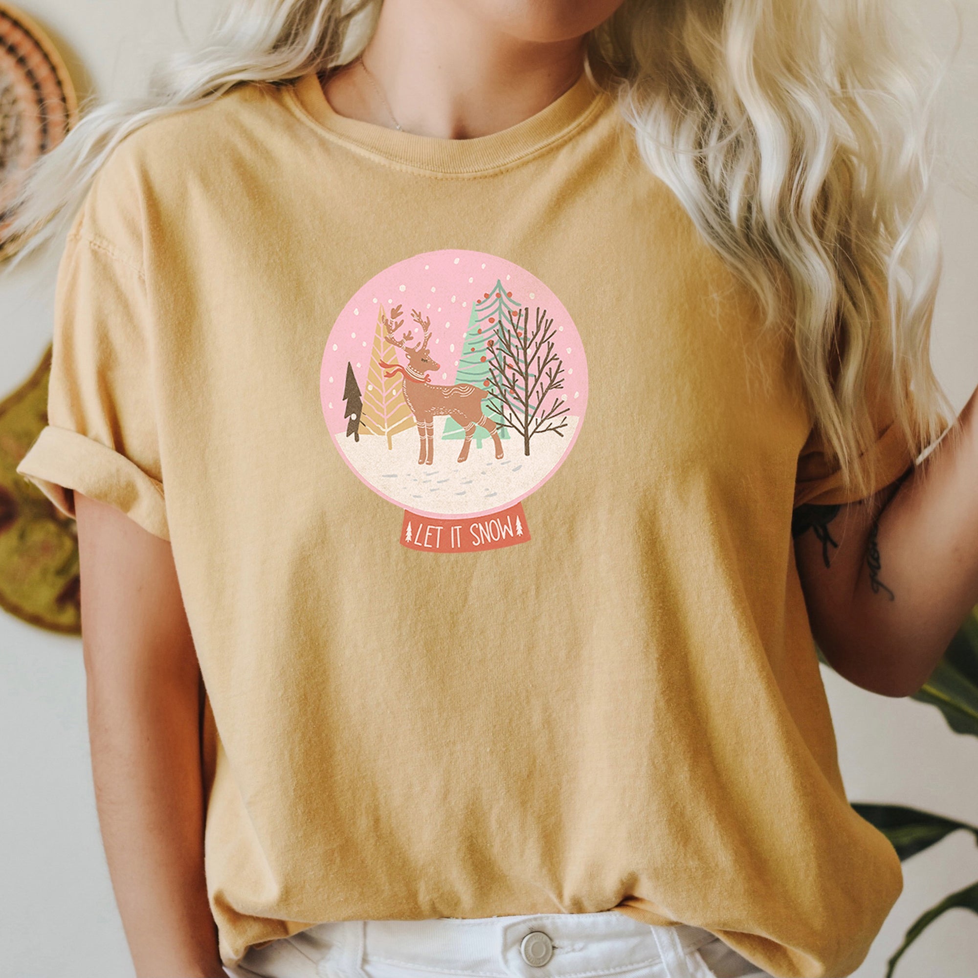 Let It Snow Snow Ball Christmas Deer Seasonal Festivity Design Holiday Collection Edition Comfort Colors Tee