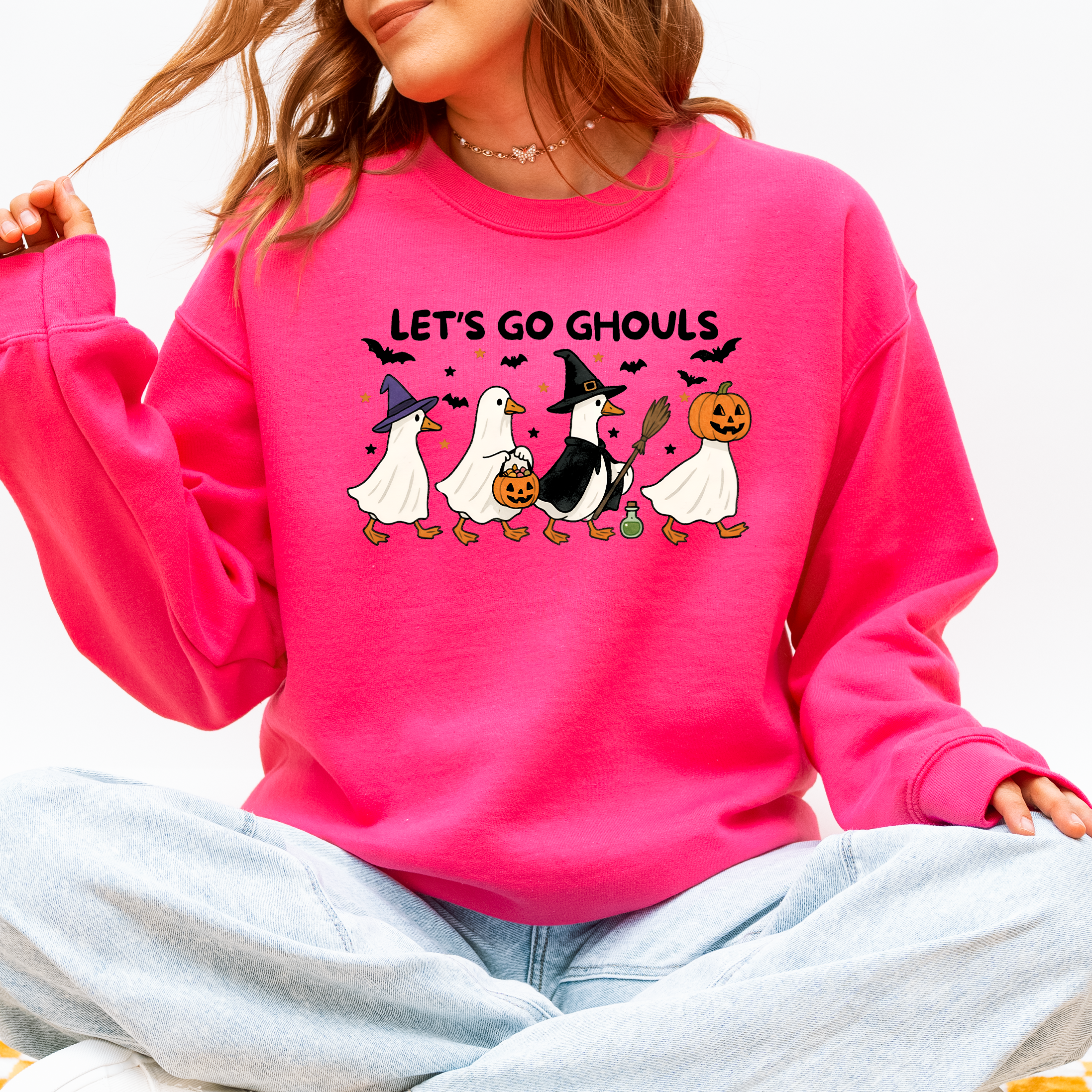 Let's Go Ghouls Geese Goose Halloween Witch Theme Spooky Seasonal Graphic Sweatshirt