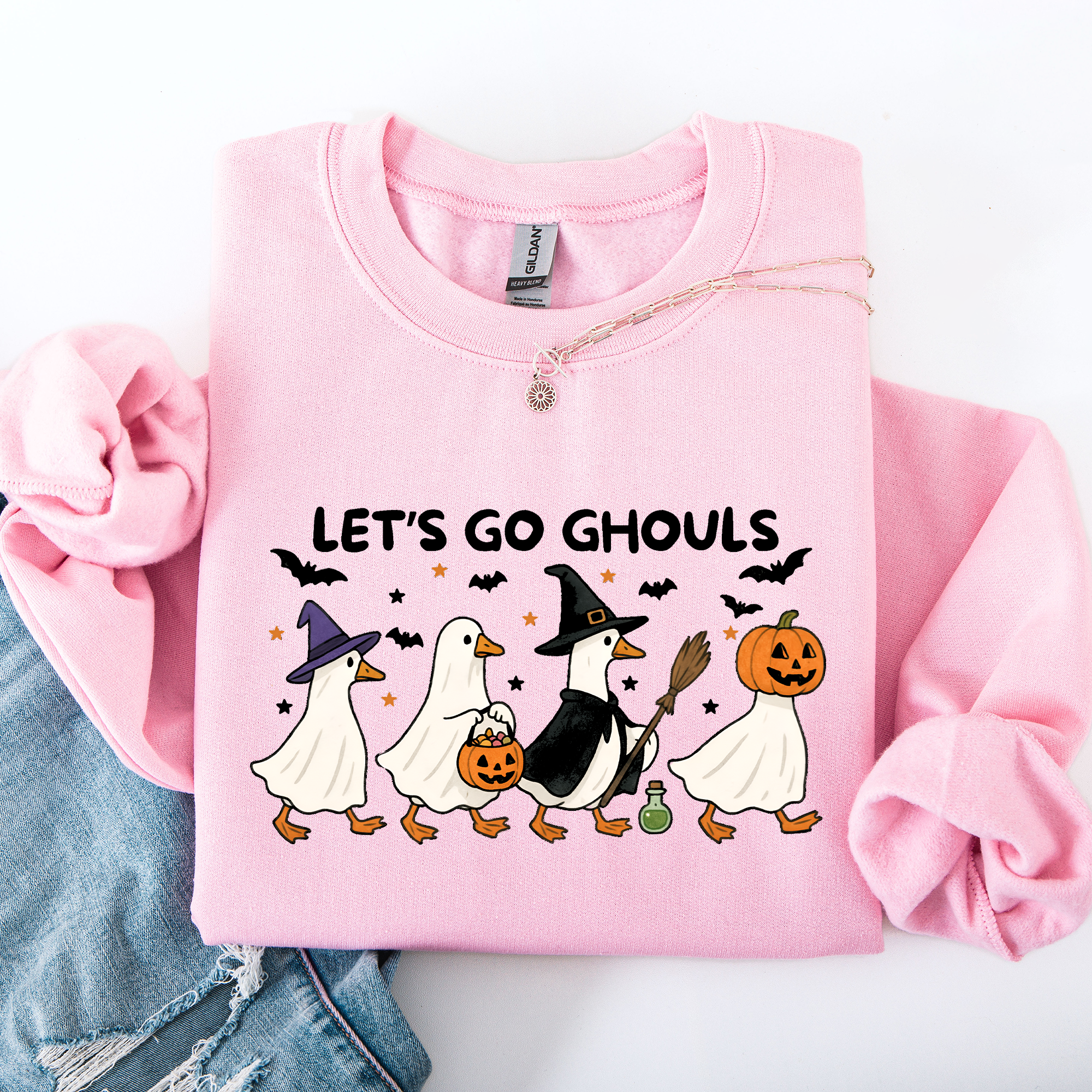 Let's Go Ghouls Geese Goose Halloween Witch Theme Spooky Seasonal Graphic Sweatshirt