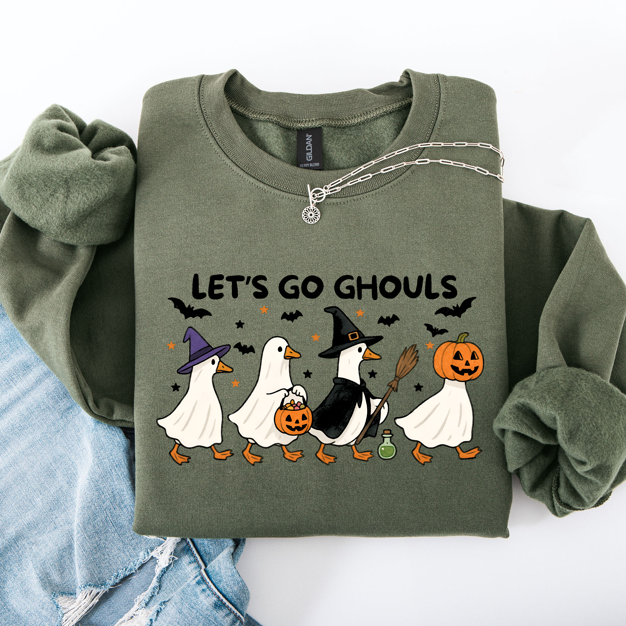 Let's Go Ghouls Geese Goose Halloween Witch Theme Spooky Seasonal Graphic Sweatshirt