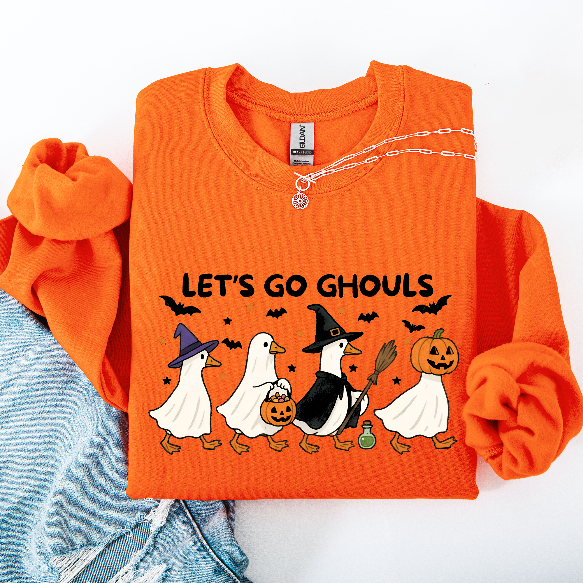 Let's Go Ghouls Geese Goose Halloween Witch Theme Spooky Seasonal Graphic Sweatshirt