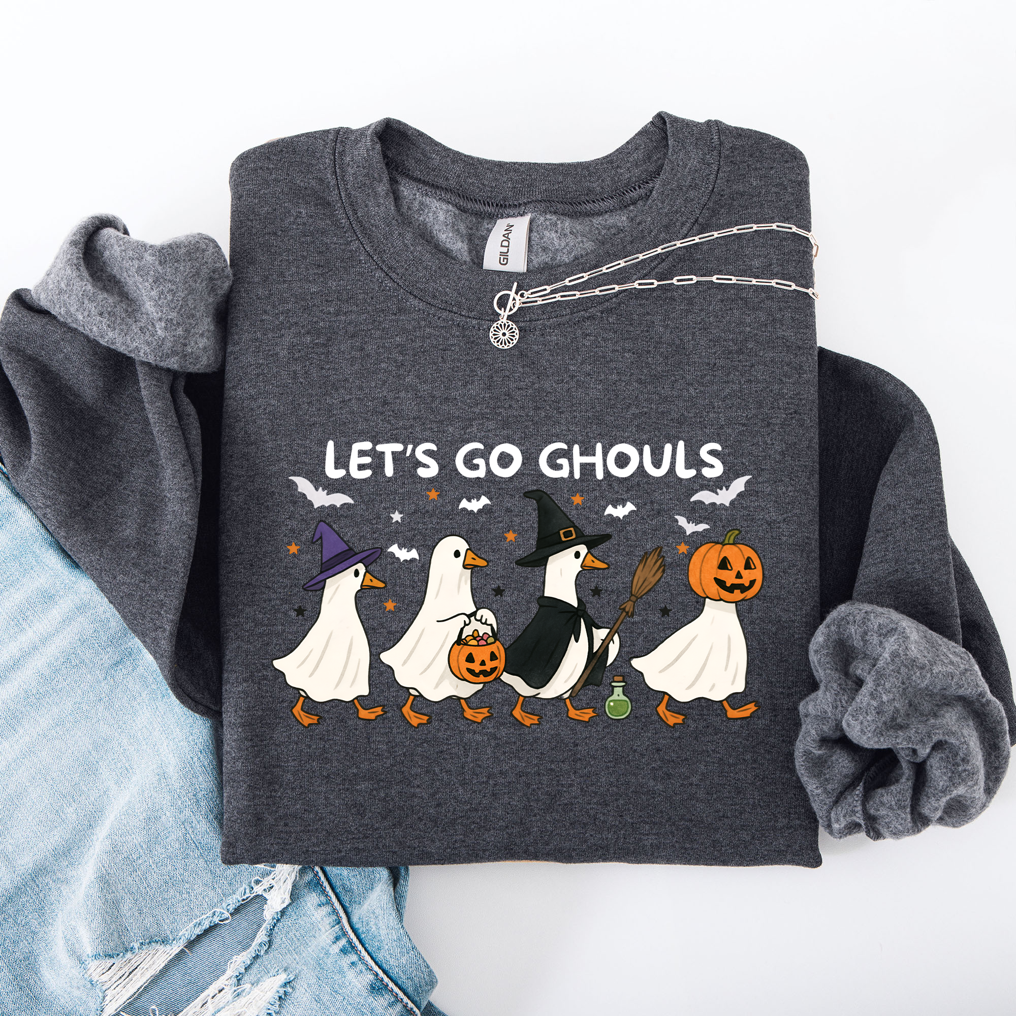 Let's Go Ghouls Geese Goose Halloween Witch Theme Spooky Seasonal Graphic Sweatshirt