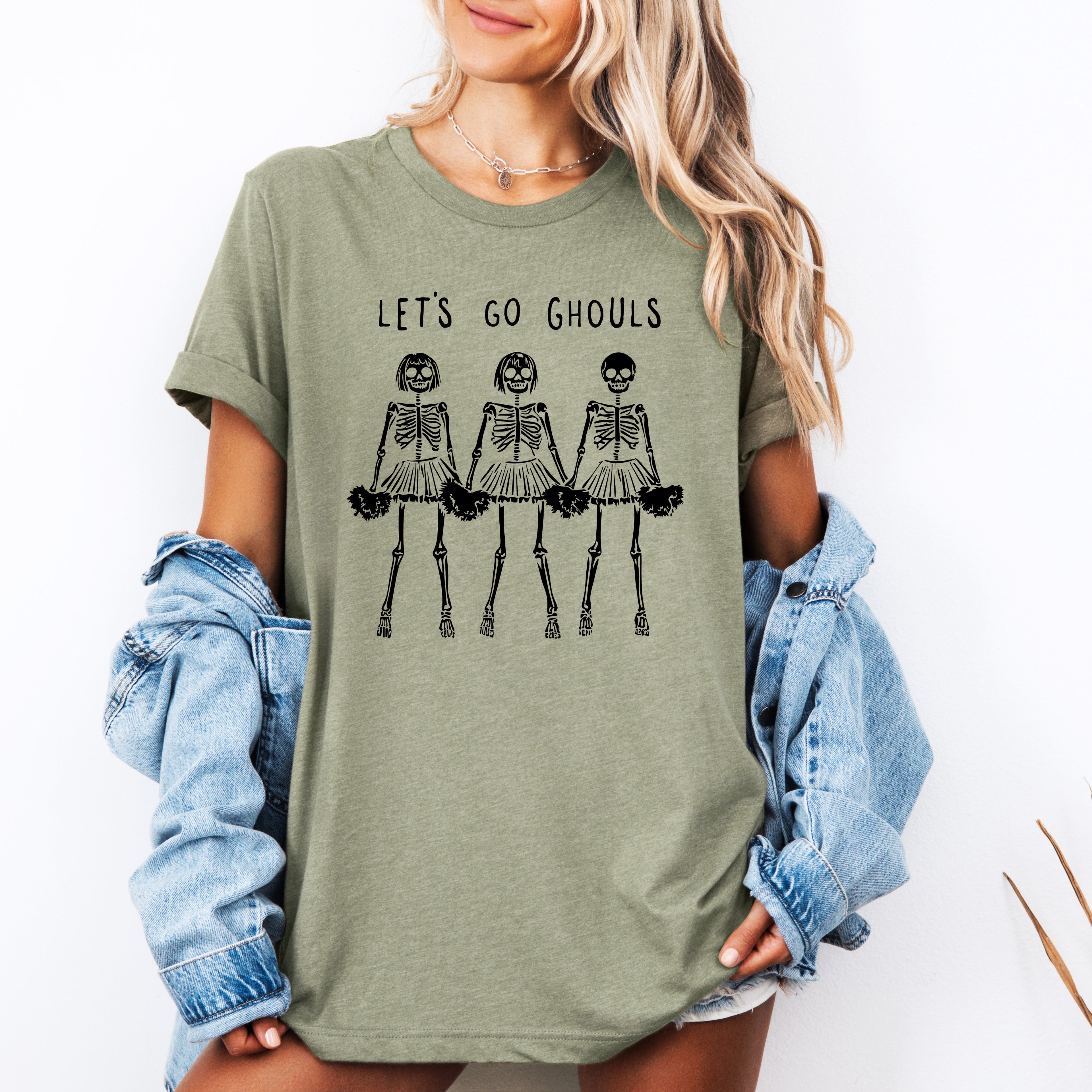 Let's Go Ghouls Skeleton Cheerleaders Halloween Parade Night Spooky Cheerleaders Graphic Tee
