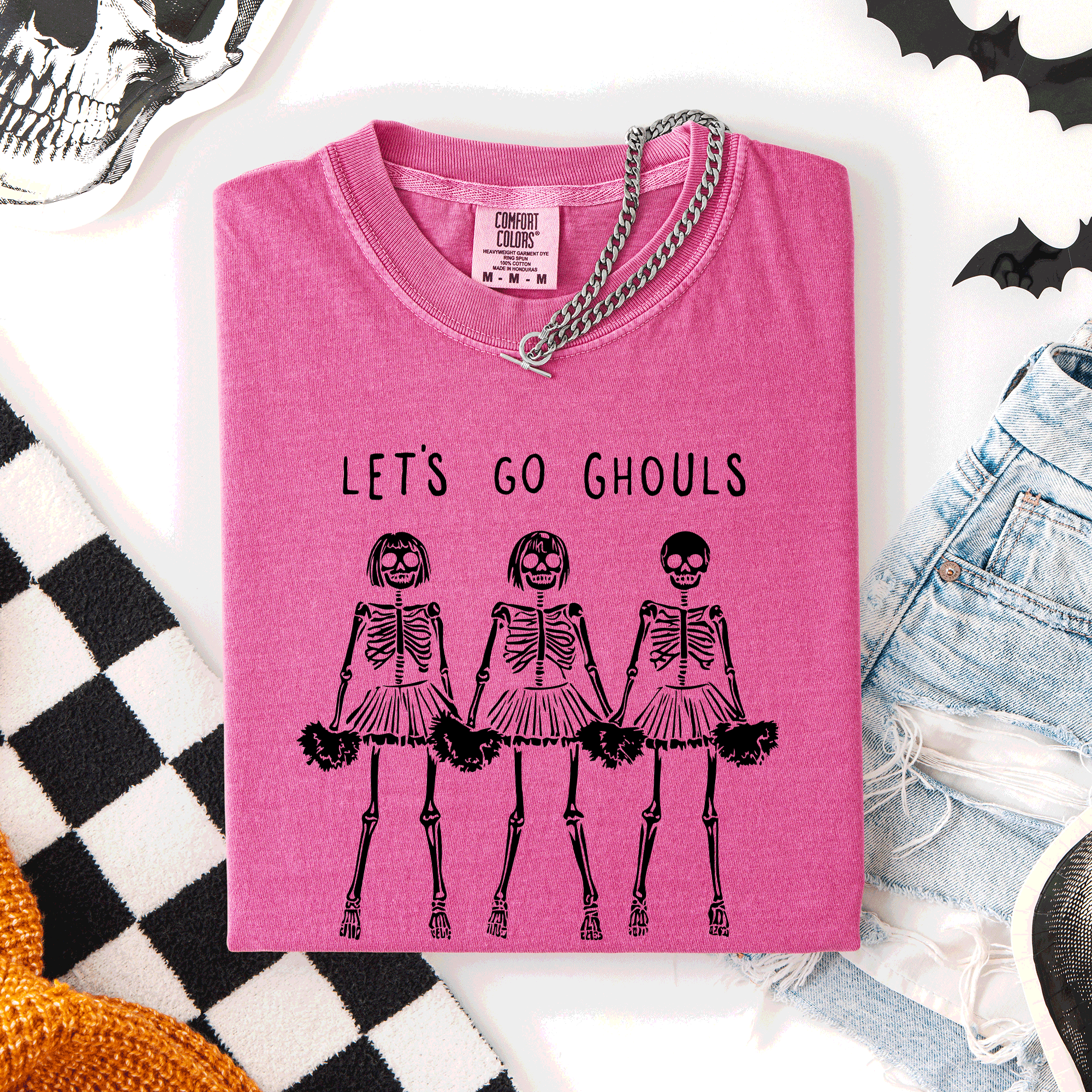 Let's Go Ghouls Skeleton Cheerleaders Spooky Halloween Edition Classic Comfort Colors Tee