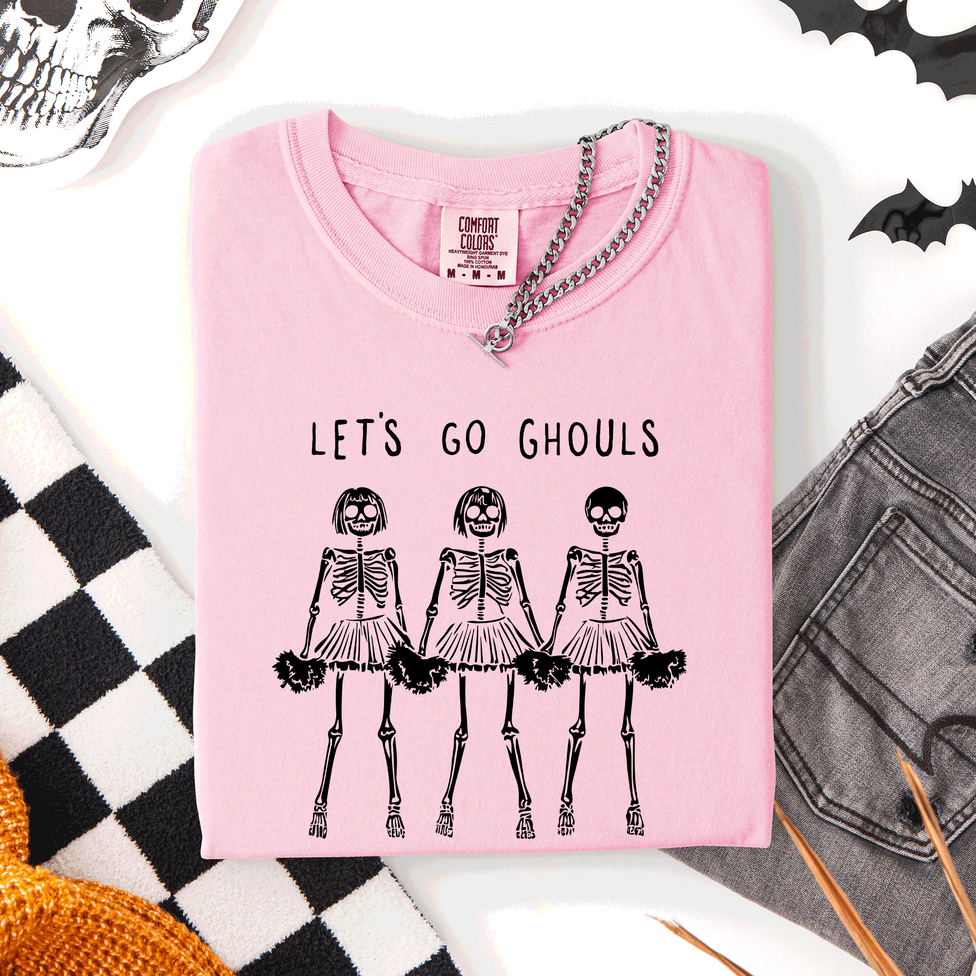 Let's Go Ghouls Skeleton Cheerleaders Spooky Halloween Edition Classic Comfort Colors Tee