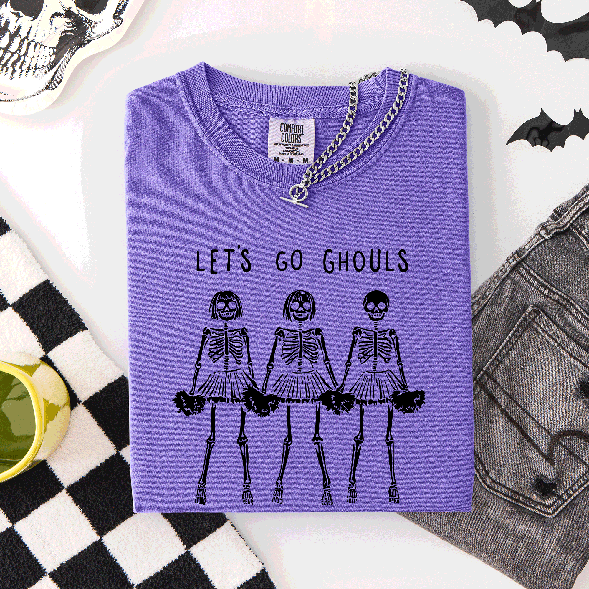 Let's Go Ghouls Skeleton Cheerleaders Spooky Halloween Edition Classic Comfort Colors Tee
