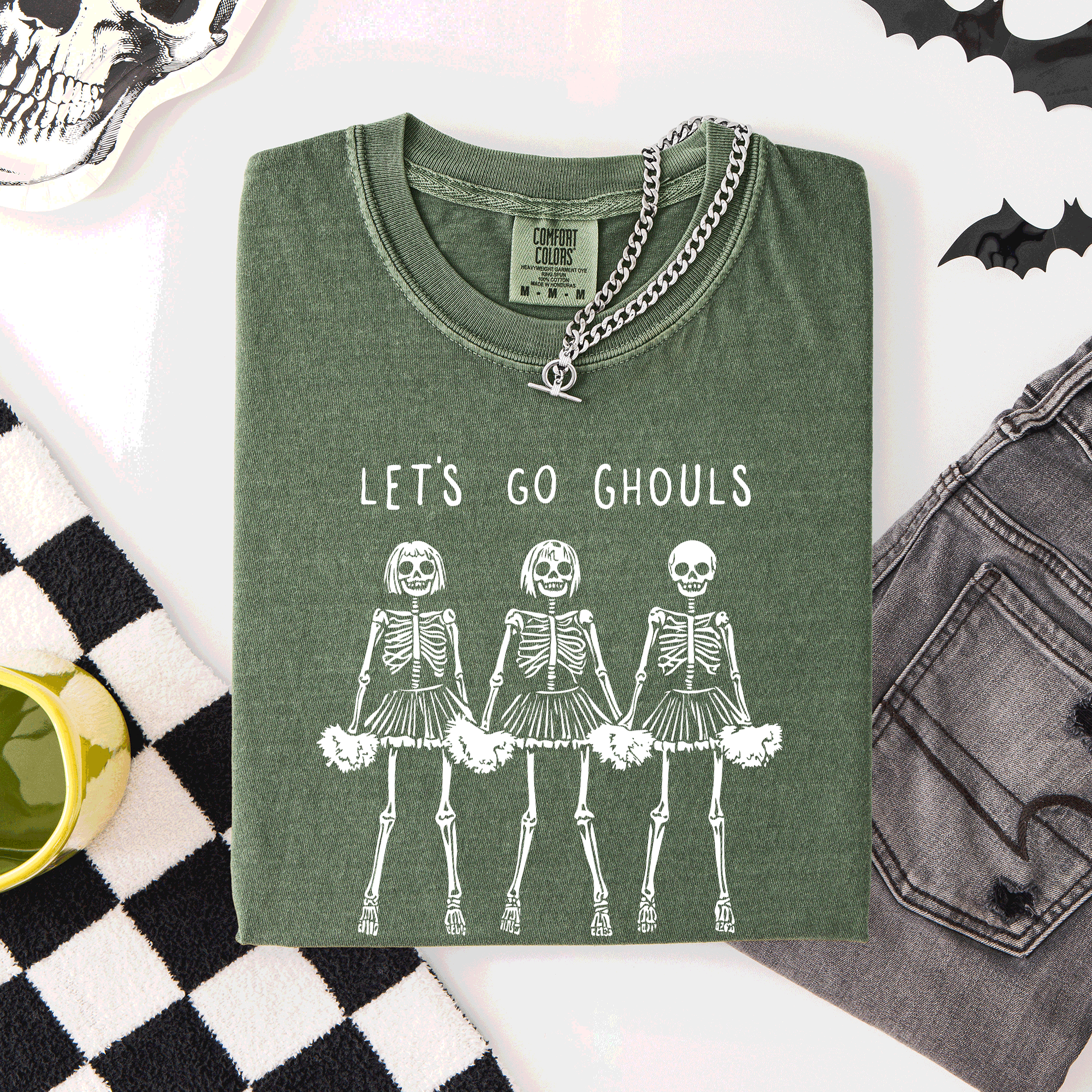 Let's Go Ghouls Skeleton Cheerleaders Spooky Halloween Edition Classic Comfort Colors Tee