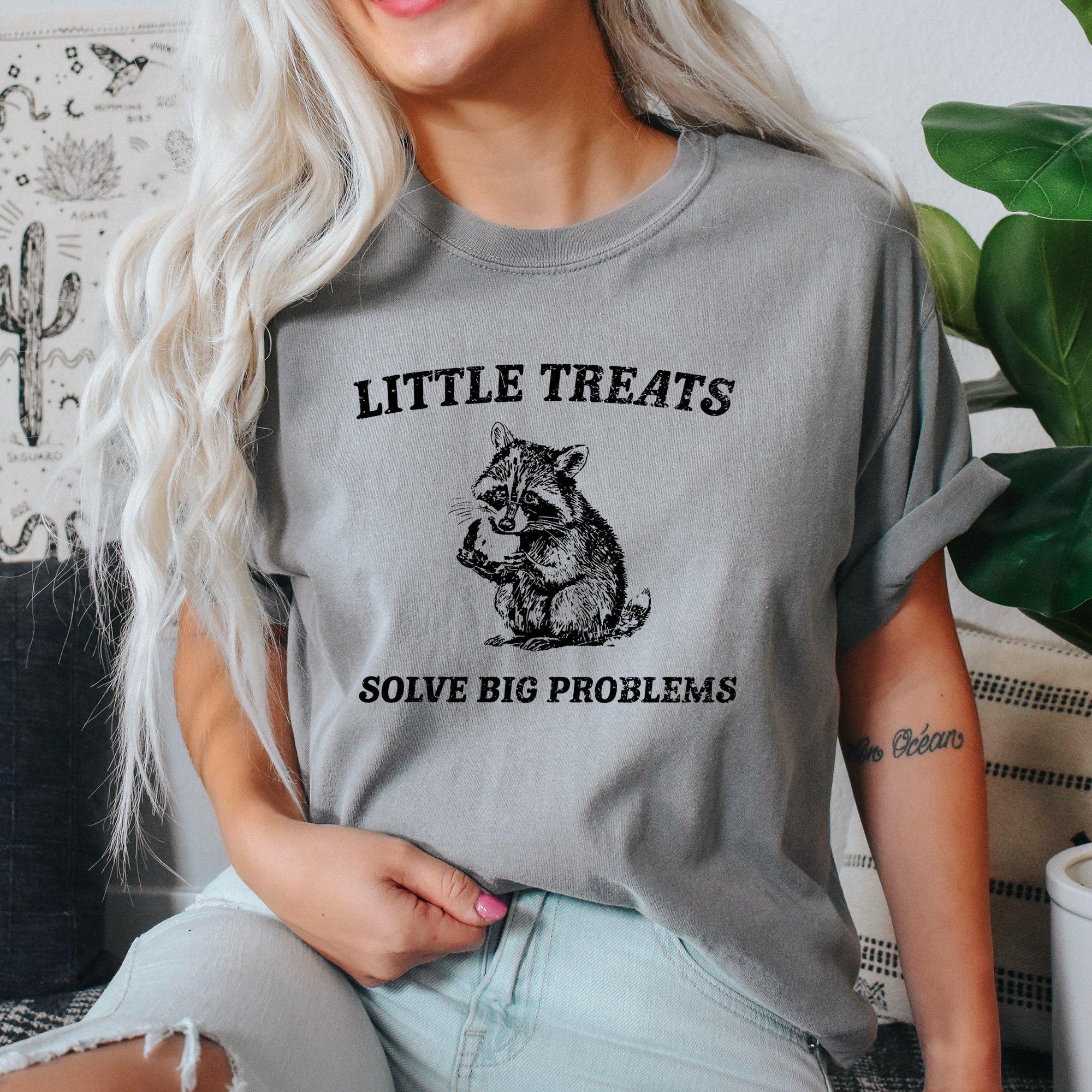 Little Treats Solve Big Problems Raccoon Meme Graphic Playful Comfort Colors Tee