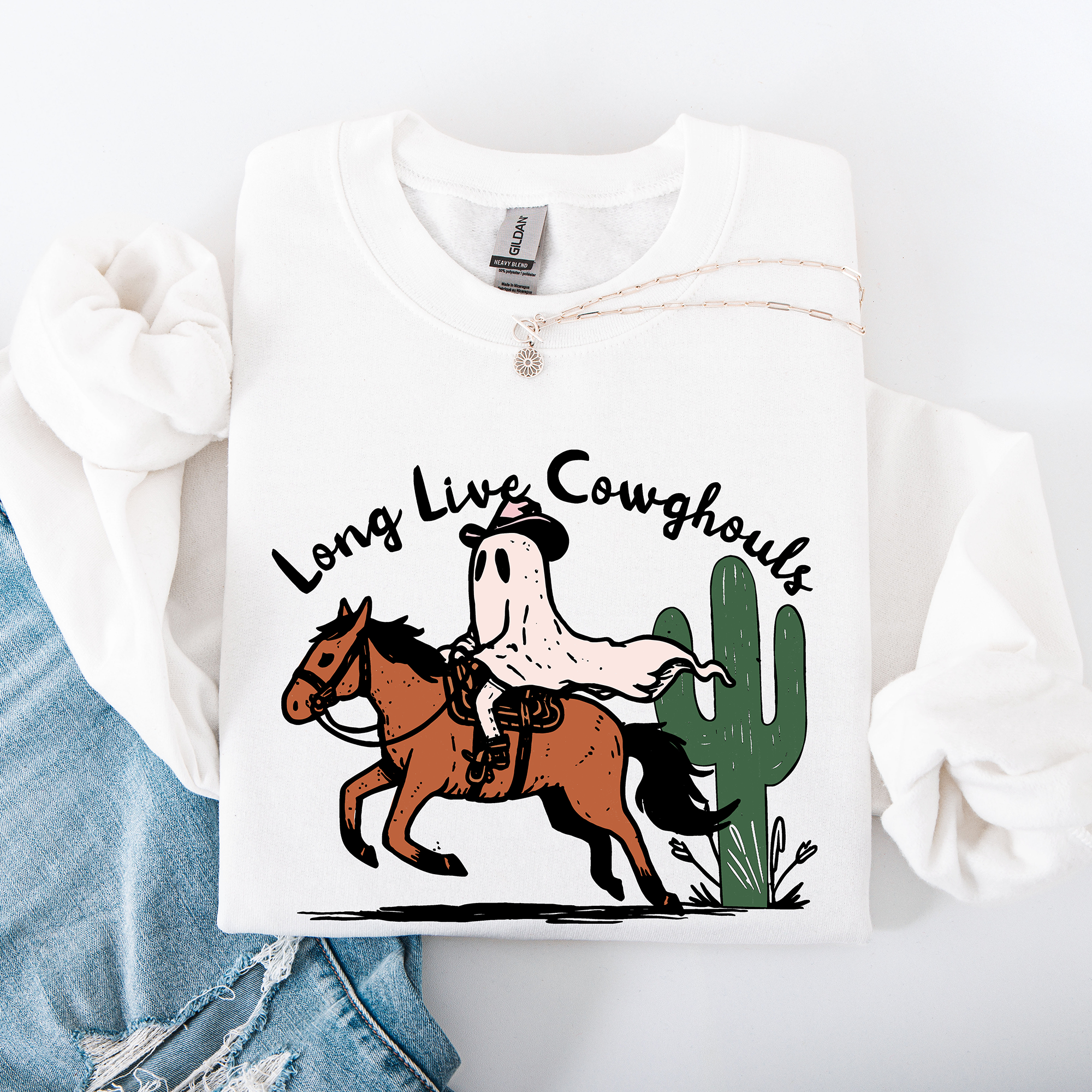 Long Live Cowghouls And Cowgirls Western Halloween Spooky Spirit Vibe Sweatshirt