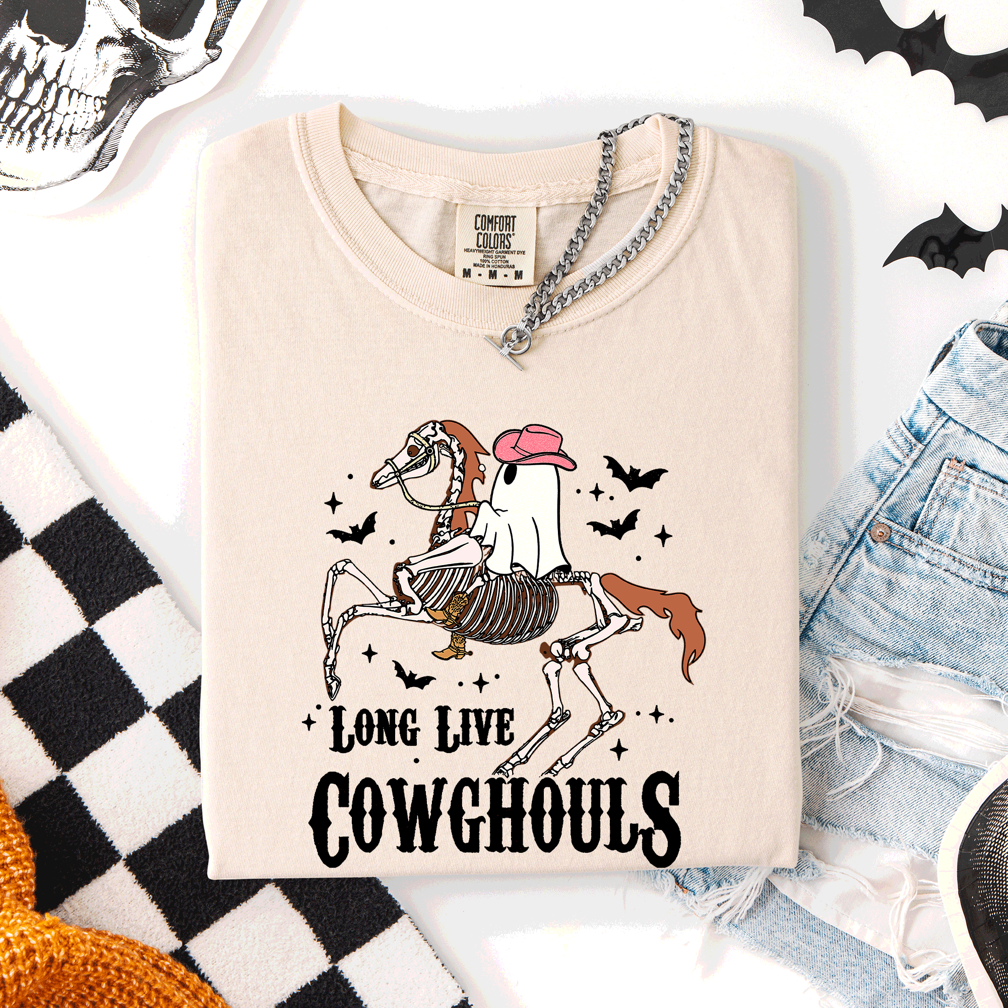 Long Live Cowghouls Skeleton Ghost Horse Halloween Spooky Night Gothic Vibes Comfort Colors Tee