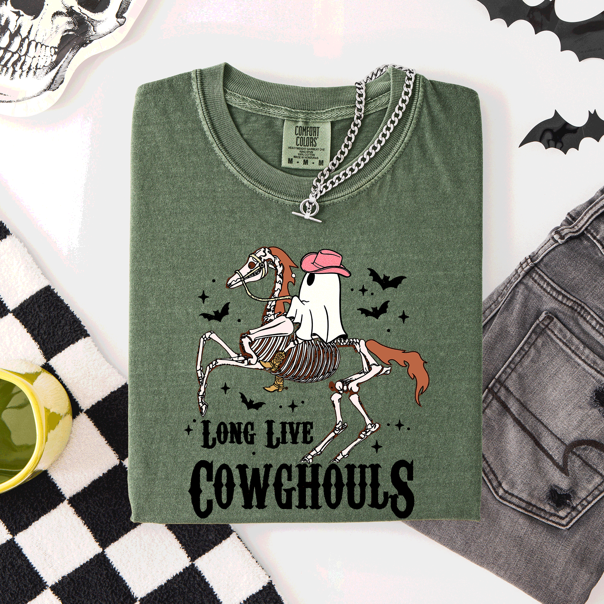 Long Live Cowghouls Skeleton Ghost Horse Halloween Spooky Night Gothic Vibes Comfort Colors Tee
