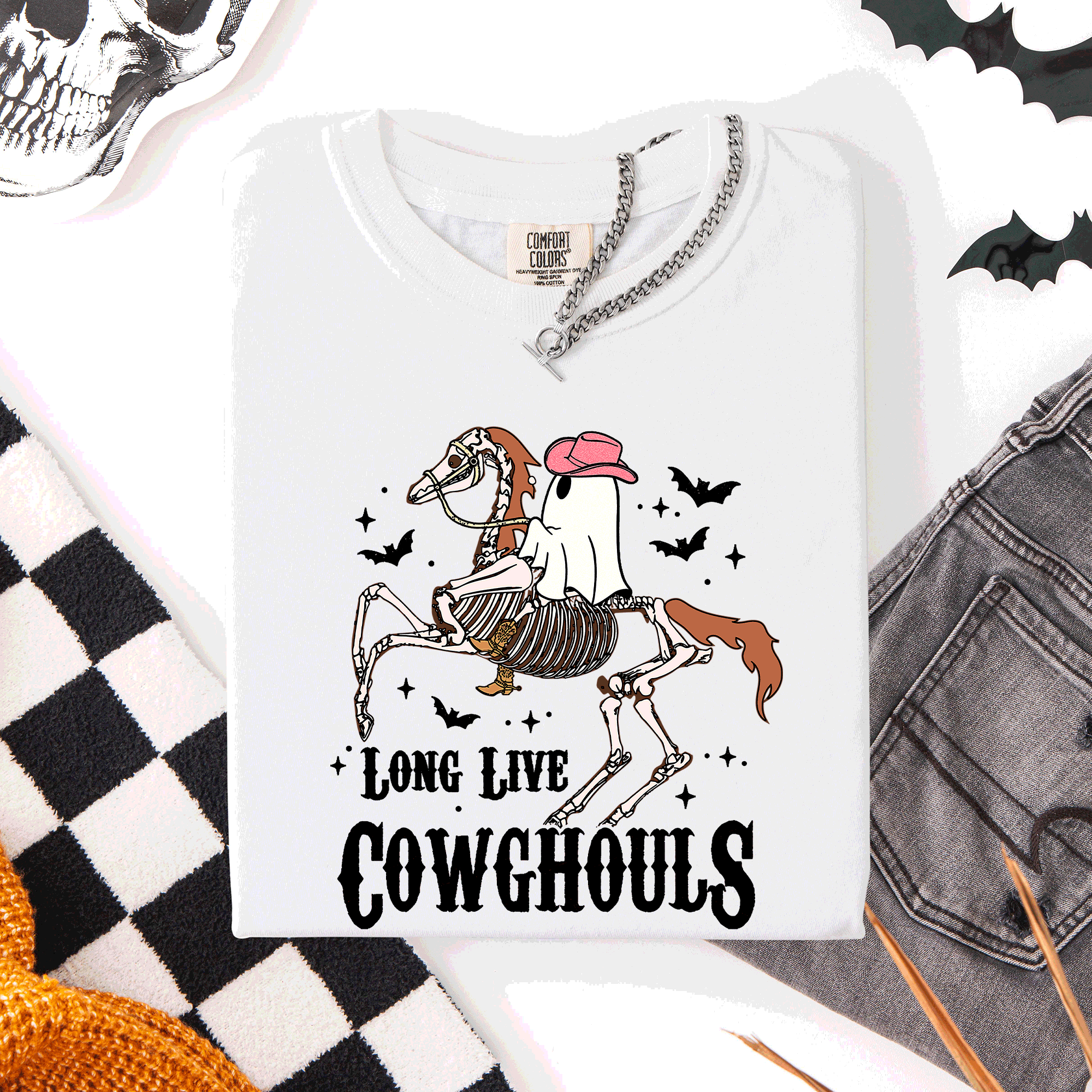 Long Live Cowghouls Skeleton Ghost Horse Halloween Spooky Night Gothic Vibes Comfort Colors Tee