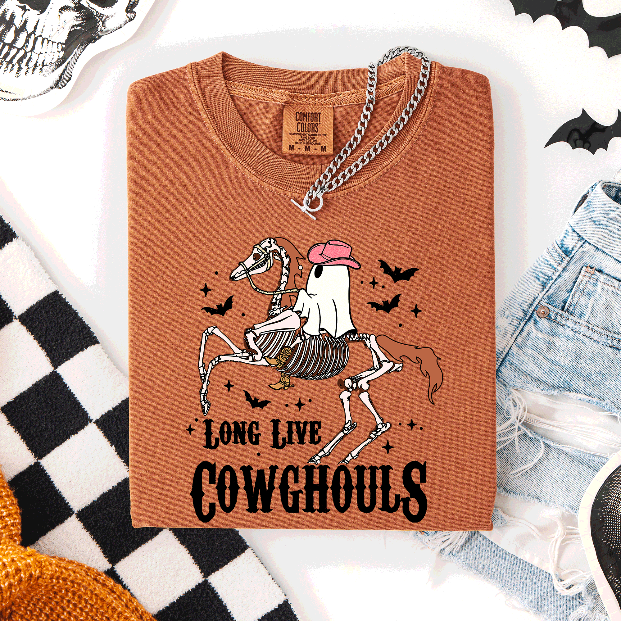Long Live Cowghouls Skeleton Ghost Horse Halloween Spooky Night Gothic Vibes Comfort Colors Tee