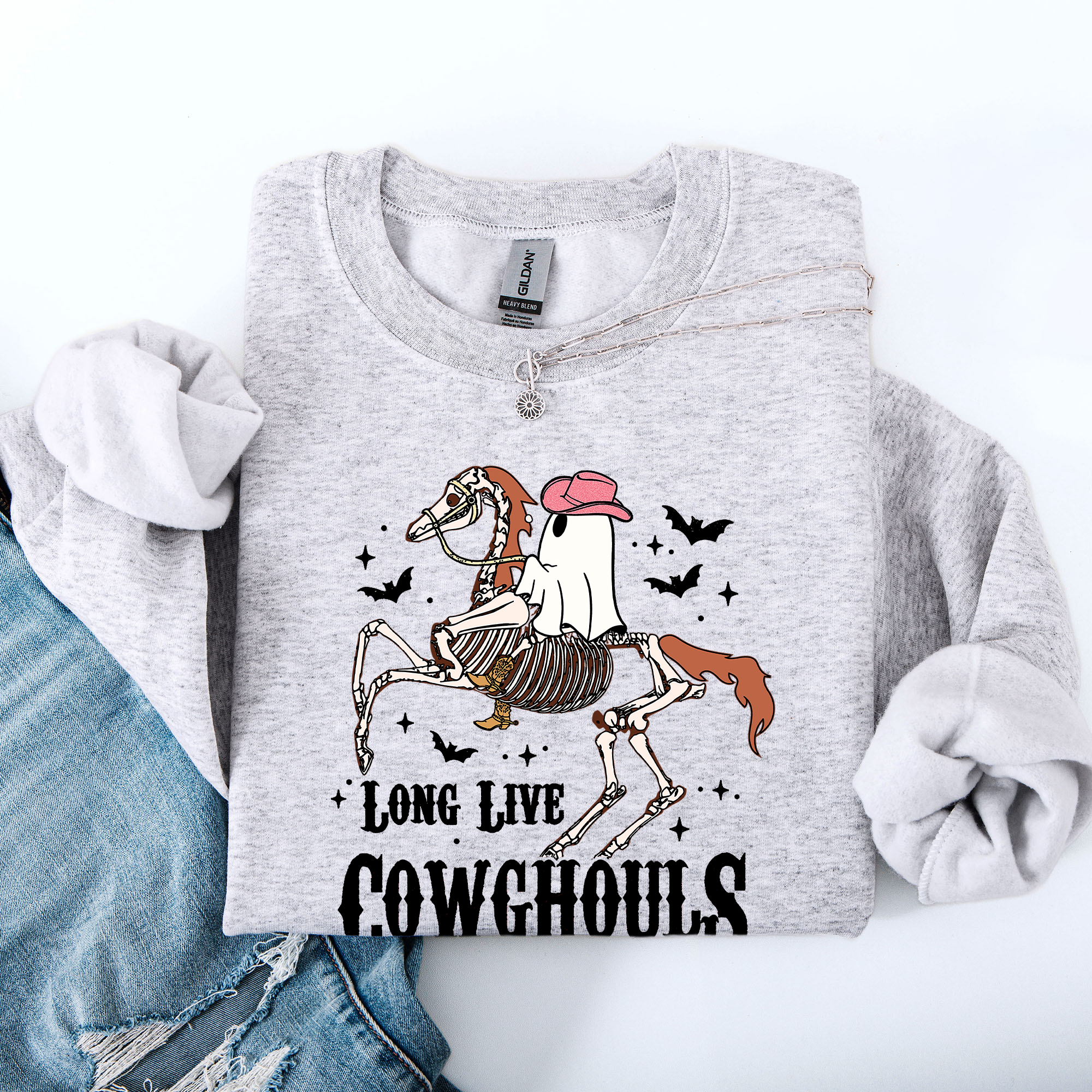 Long Live Cowghouls Skeleton Ghost Horse Halloween Western Inspired Graphic Sweatshirt