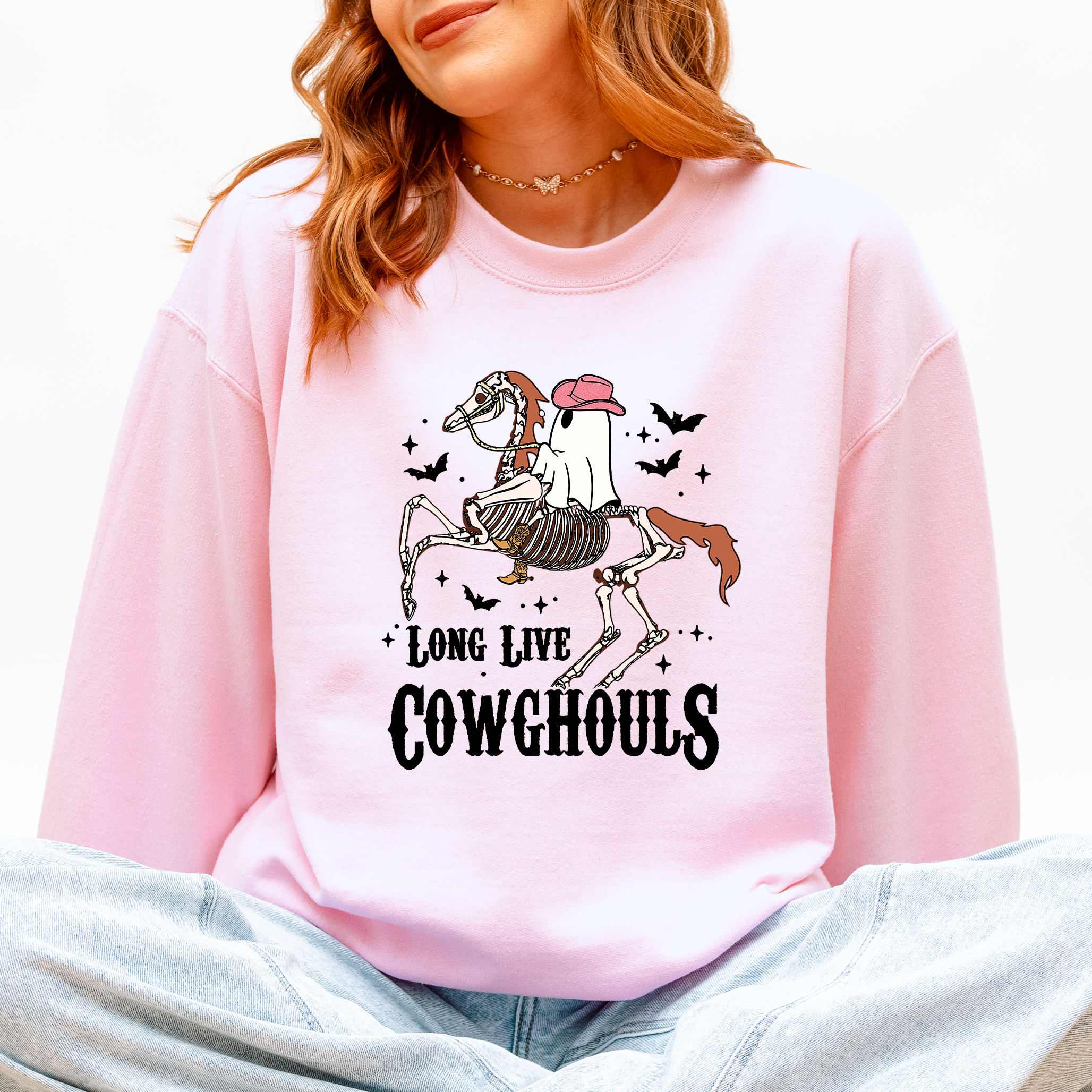 Long Live Cowghouls Skeleton Ghost Horse Halloween Western Inspired Graphic Sweatshirt