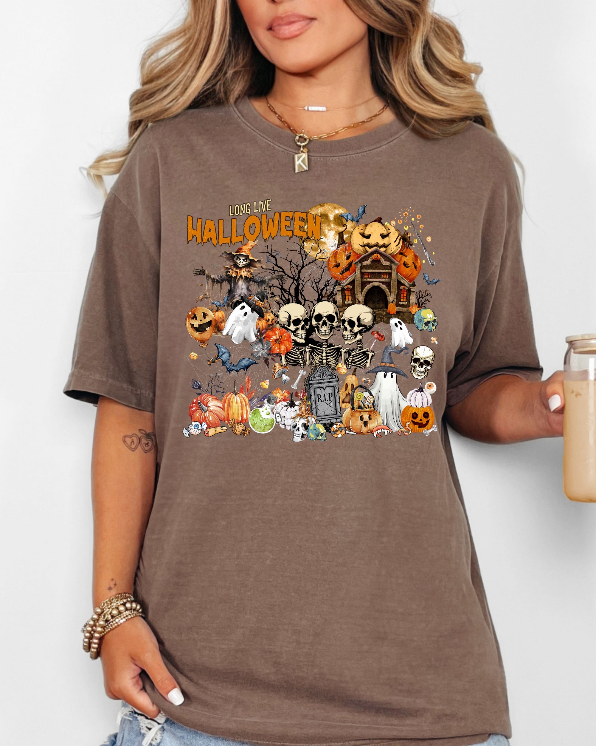 Long Live Halloween Spooky Scene Witch Skeleton Ghost Haunted Night Moonlit Cemetery Vintage Vibe Comfort Colors Tee