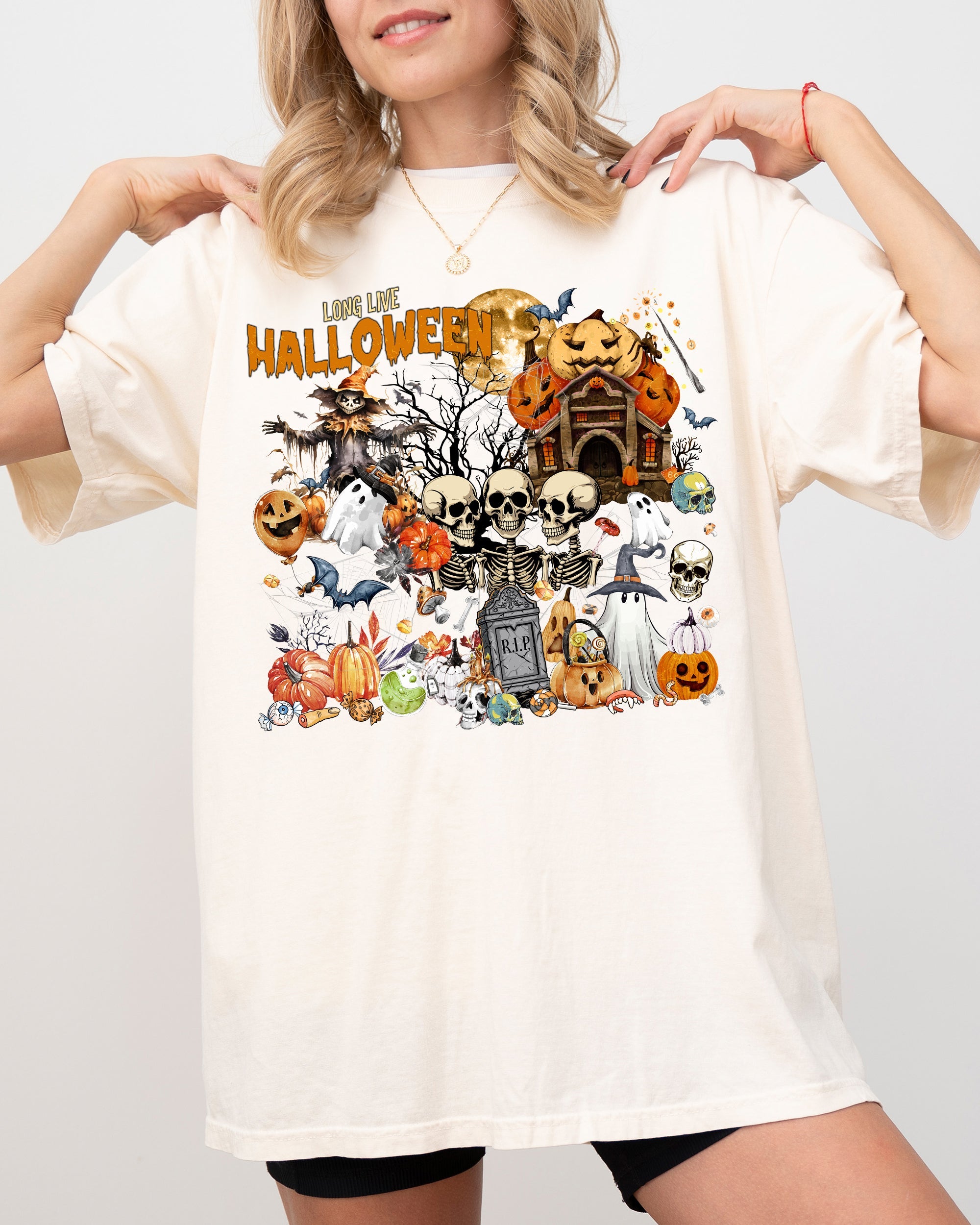 Long Live Halloween Spooky Scene Witch Skeleton Ghost Haunted Night Moonlit Cemetery Vintage Vibe Comfort Colors Tee
