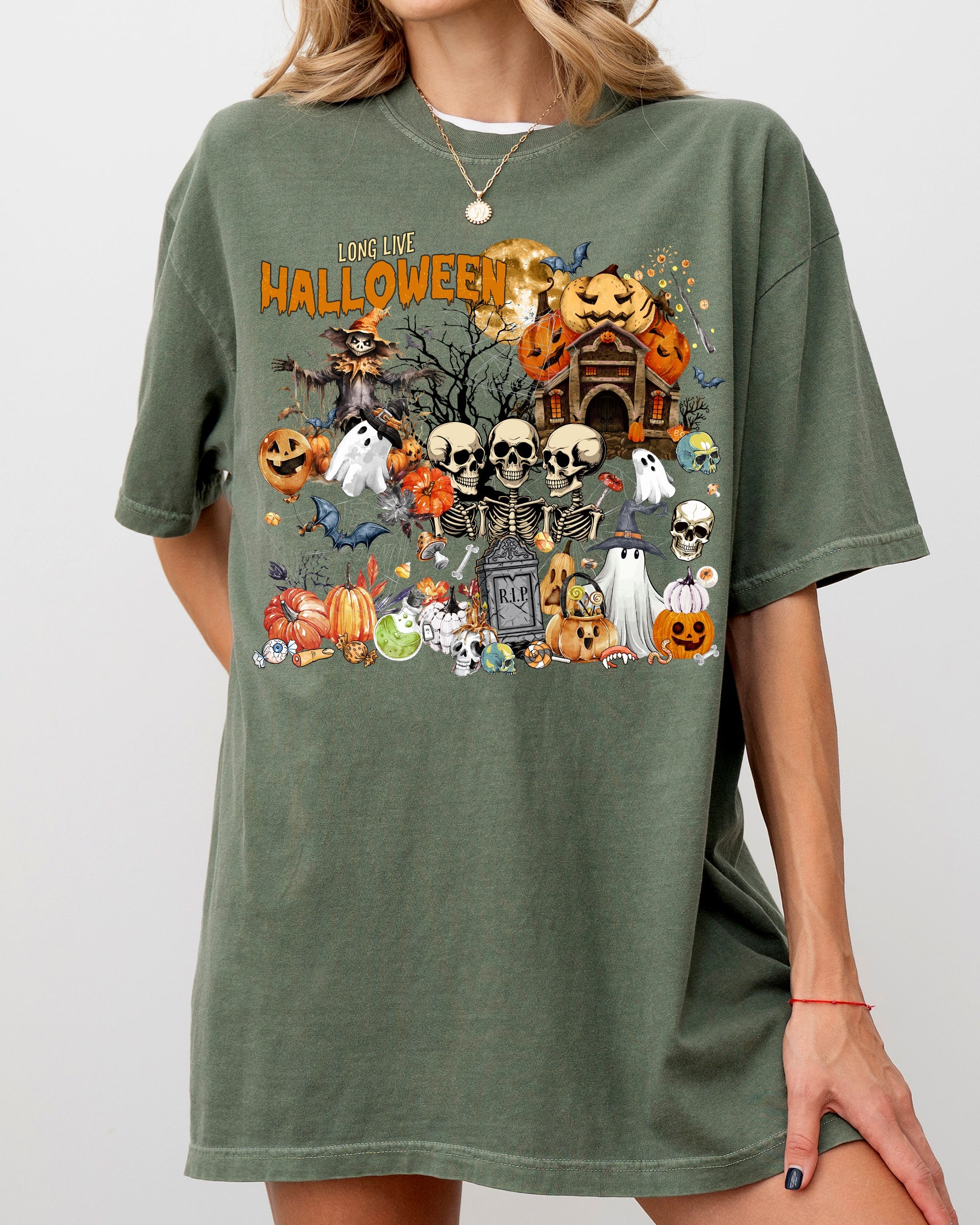 Long Live Halloween Spooky Scene Witch Skeleton Ghost Haunted Night Moonlit Cemetery Vintage Vibe Comfort Colors Tee