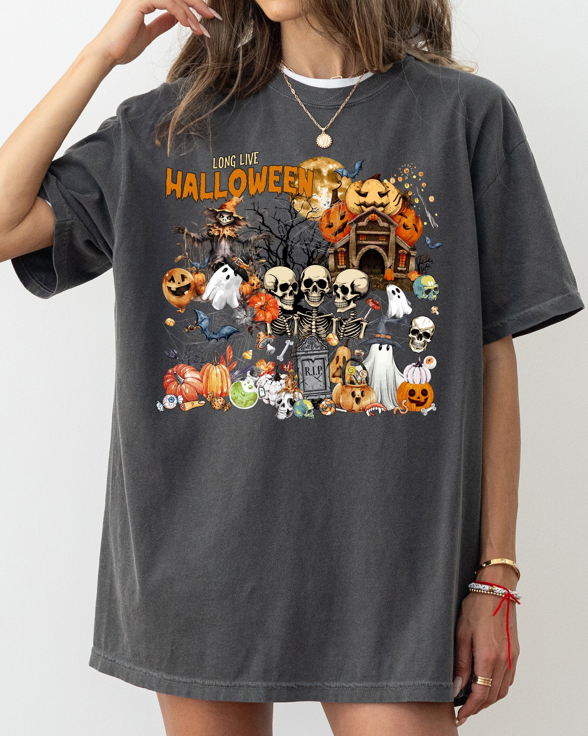 Long Live Halloween Spooky Scene Witch Skeleton Ghost Haunted Night Moonlit Cemetery Vintage Vibe Comfort Colors Tee