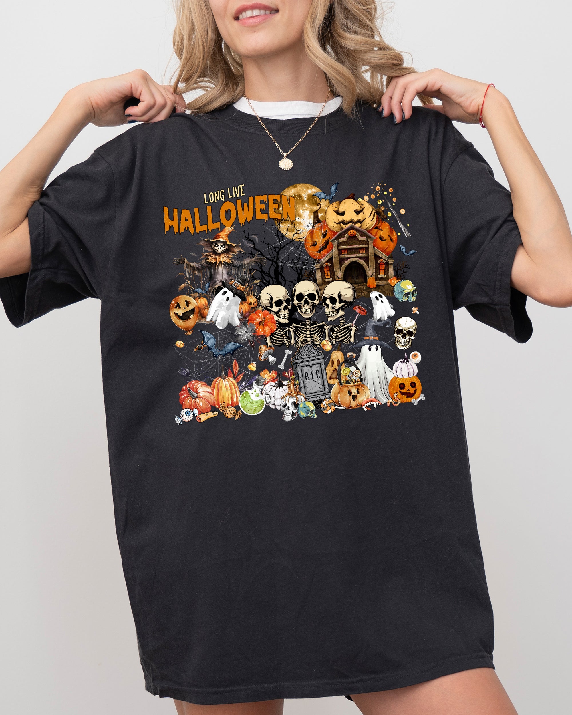 Long Live Halloween Spooky Scene Witch Skeleton Ghost Haunted Night Moonlit Cemetery Vintage Vibe Comfort Colors Tee