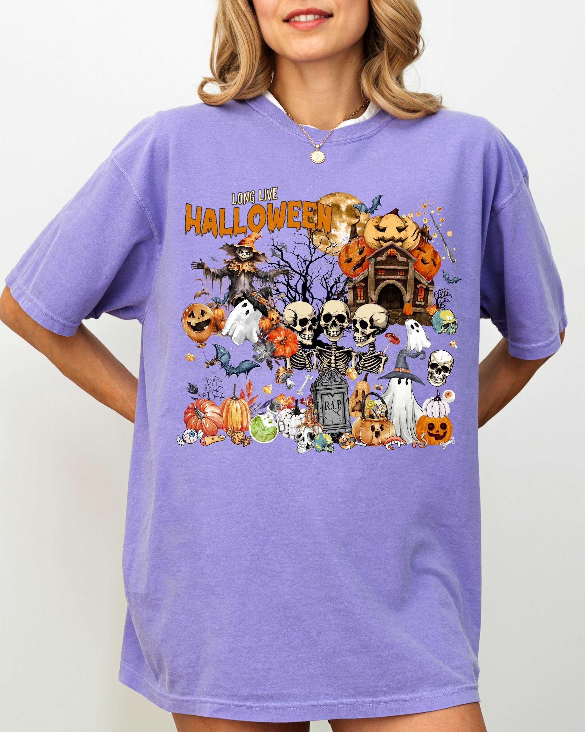 Long Live Halloween Spooky Scene Witch Skeleton Ghost Haunted Night Moonlit Cemetery Vintage Vibe Comfort Colors Tee