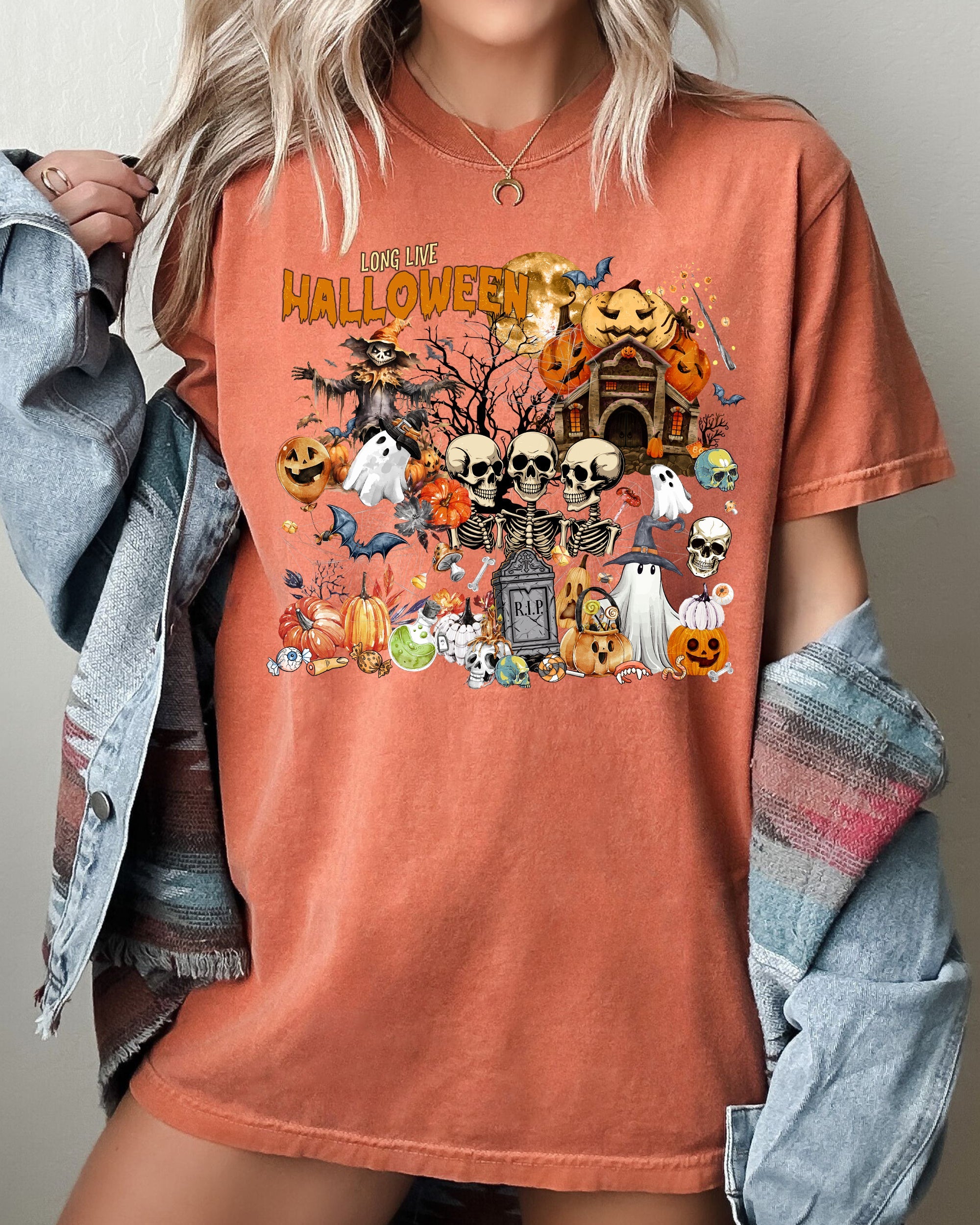Long Live Halloween Spooky Scene Witch Skeleton Ghost Haunted Night Moonlit Cemetery Vintage Vibe Comfort Colors Tee