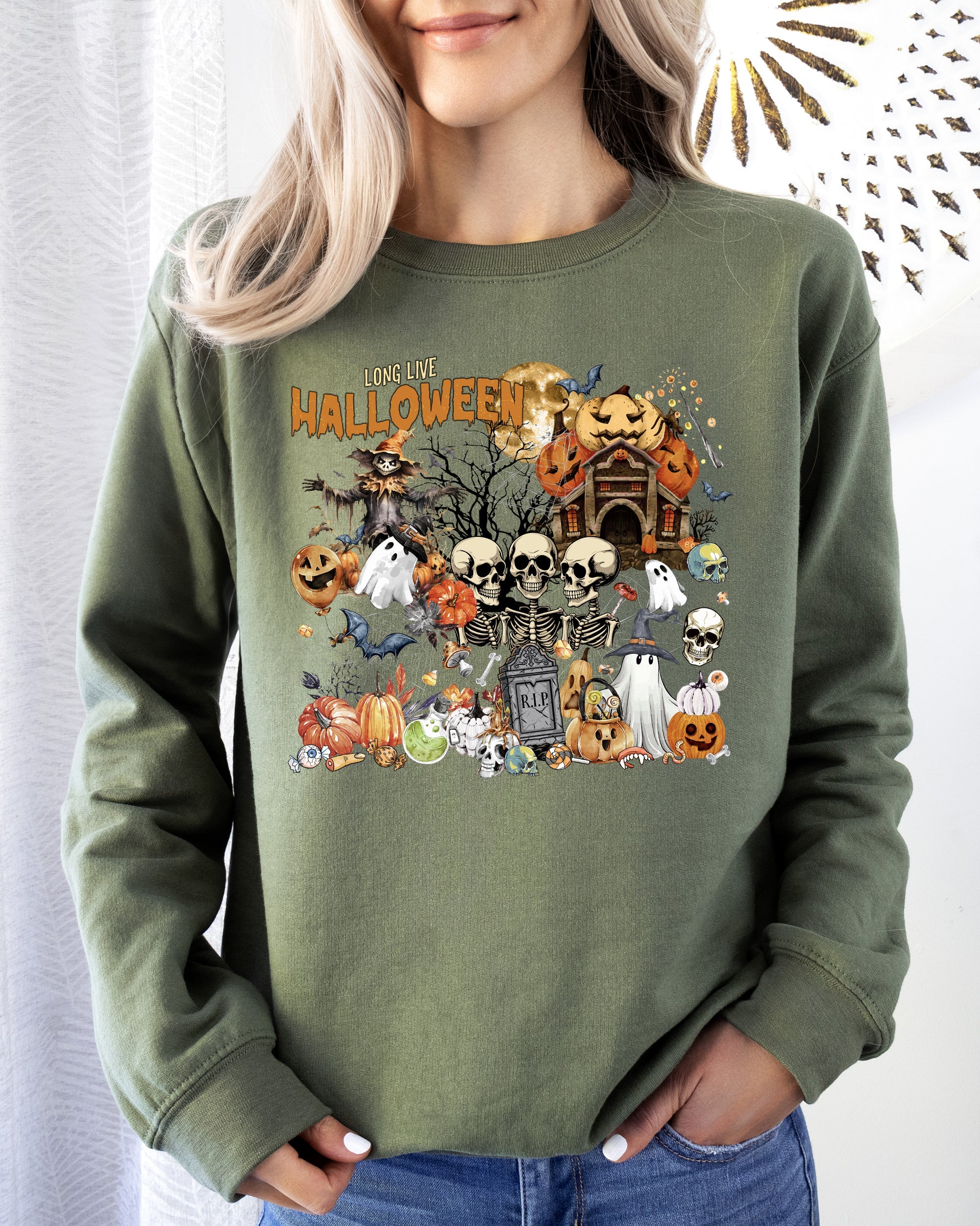 Long Live Halloween Spooky Scene Witch Skeleton Ghost Haunted Classic Graphic Sweatshirt