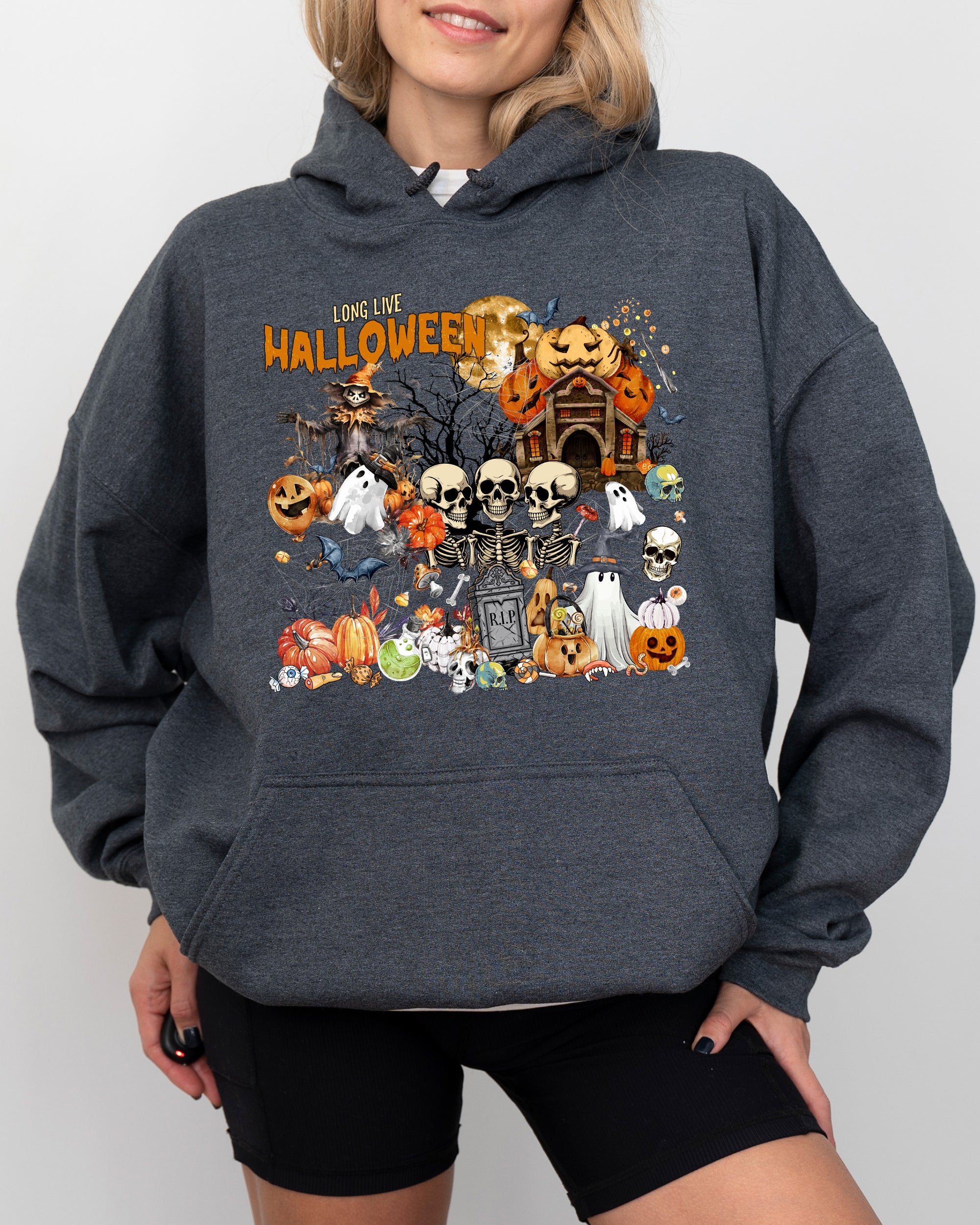 Long Live Halloween Spooky Scene Witch Skeleton Ghost Haunted Edition Hooded Sweatshirt