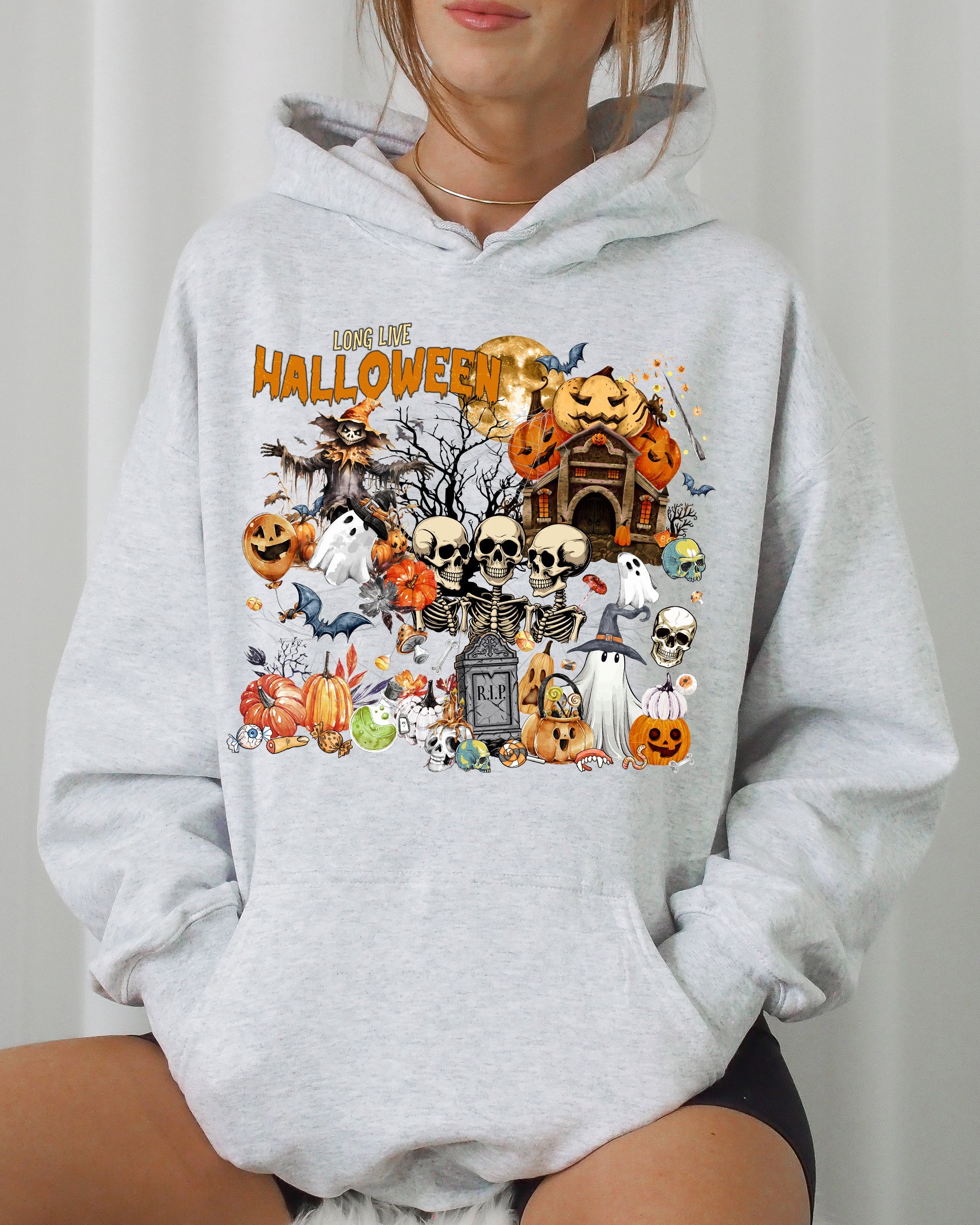 Long Live Halloween Spooky Scene Witch Skeleton Ghost Haunted Edition Hooded Sweatshirt