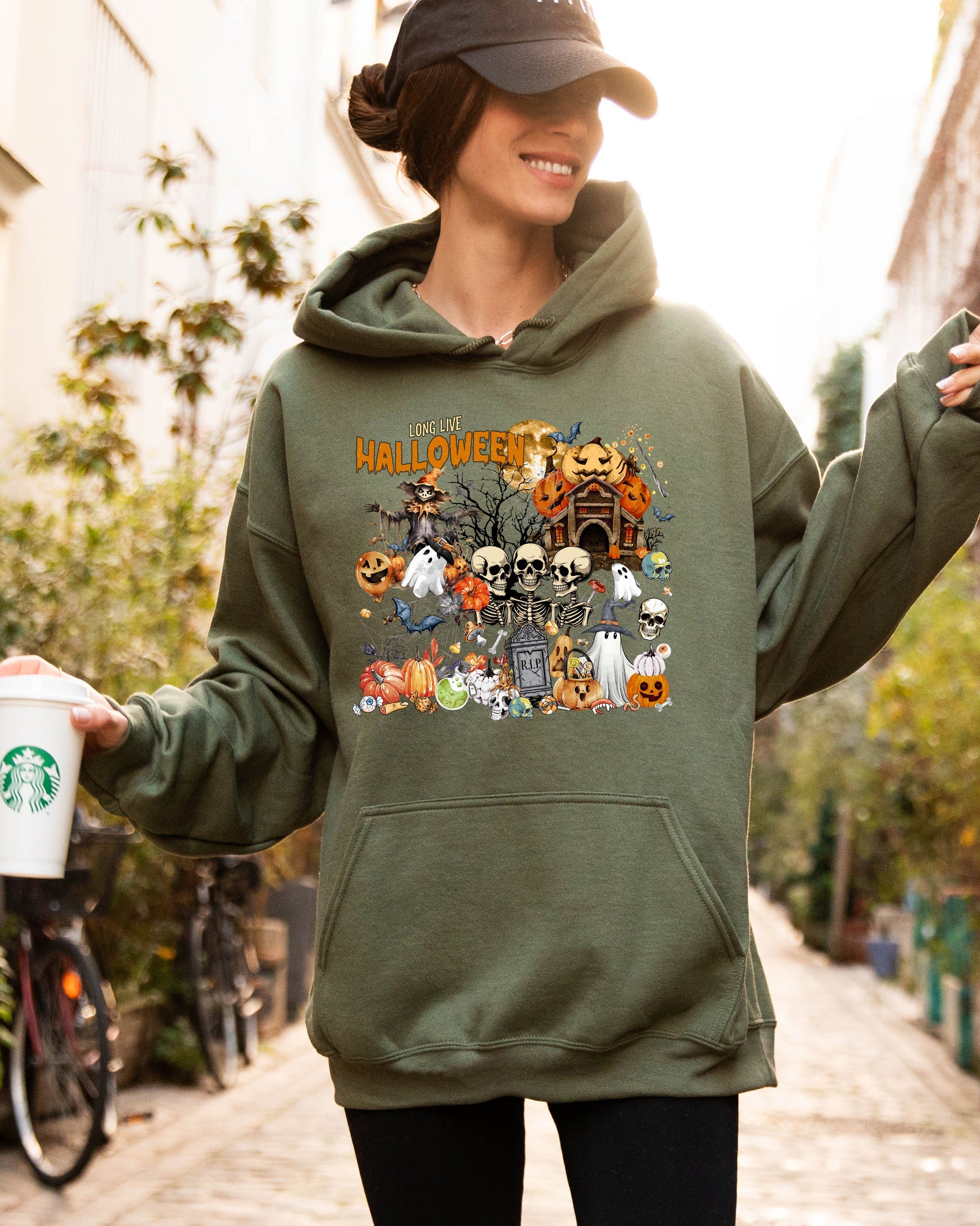 Long Live Halloween Spooky Scene Witch Skeleton Ghost Haunted Edition Hooded Sweatshirt