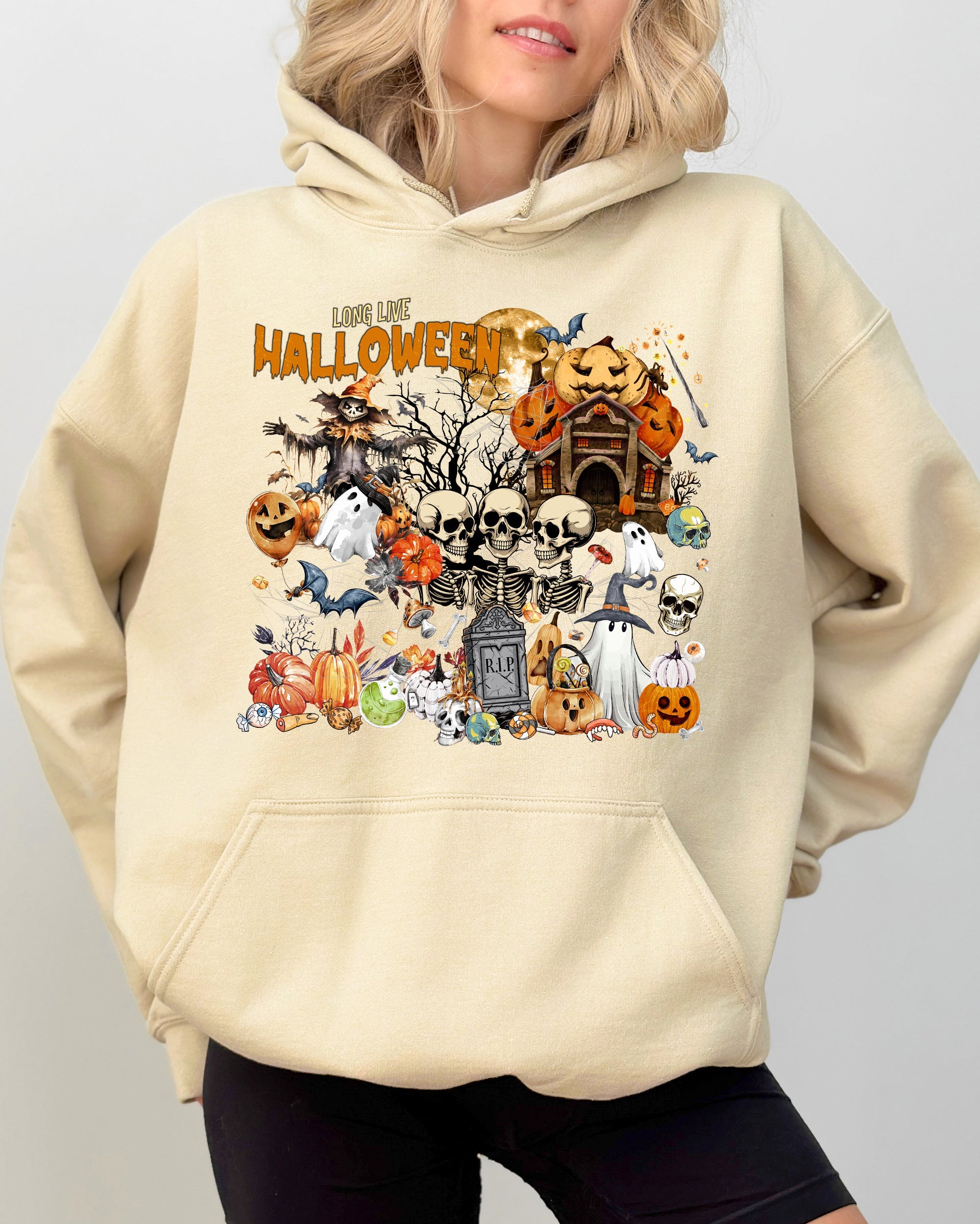 Long Live Halloween Spooky Scene Witch Skeleton Ghost Haunted Edition Hooded Sweatshirt