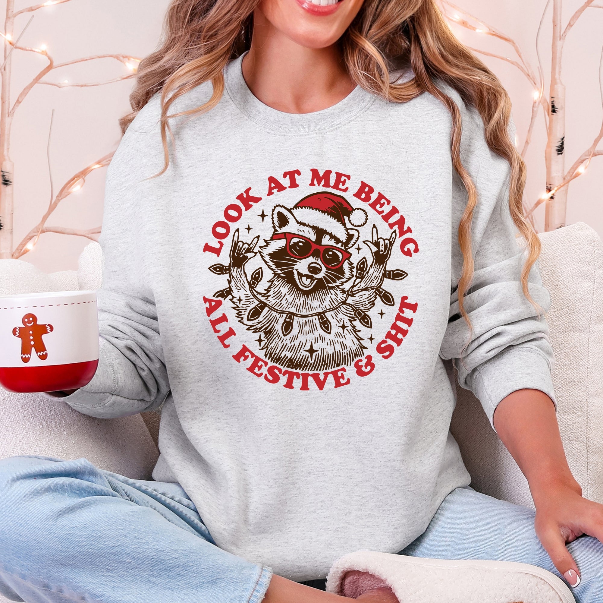 Look At Me Being All Festive And Shit With Santa Raccoon Retro Holiday Humor Illustration Sweatshirt