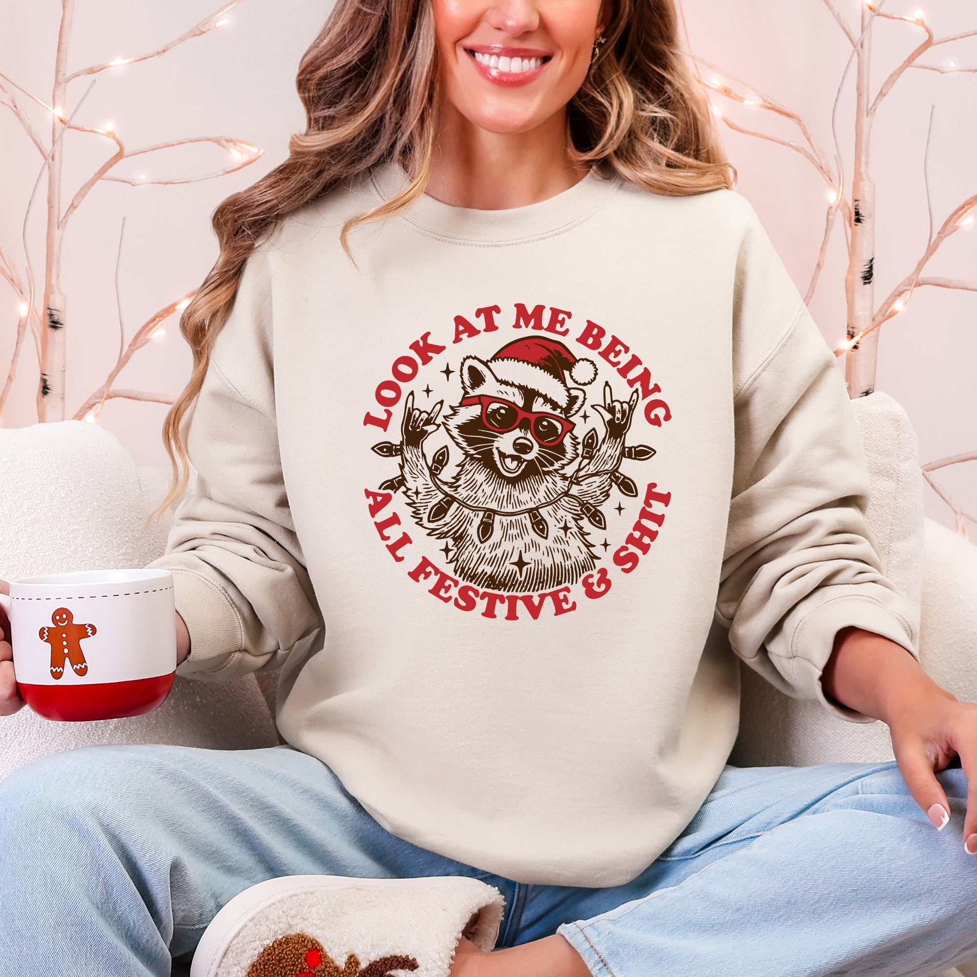 Look At Me Being All Festive And Shit With Santa Raccoon Retro Holiday Humor Illustration Sweatshirt