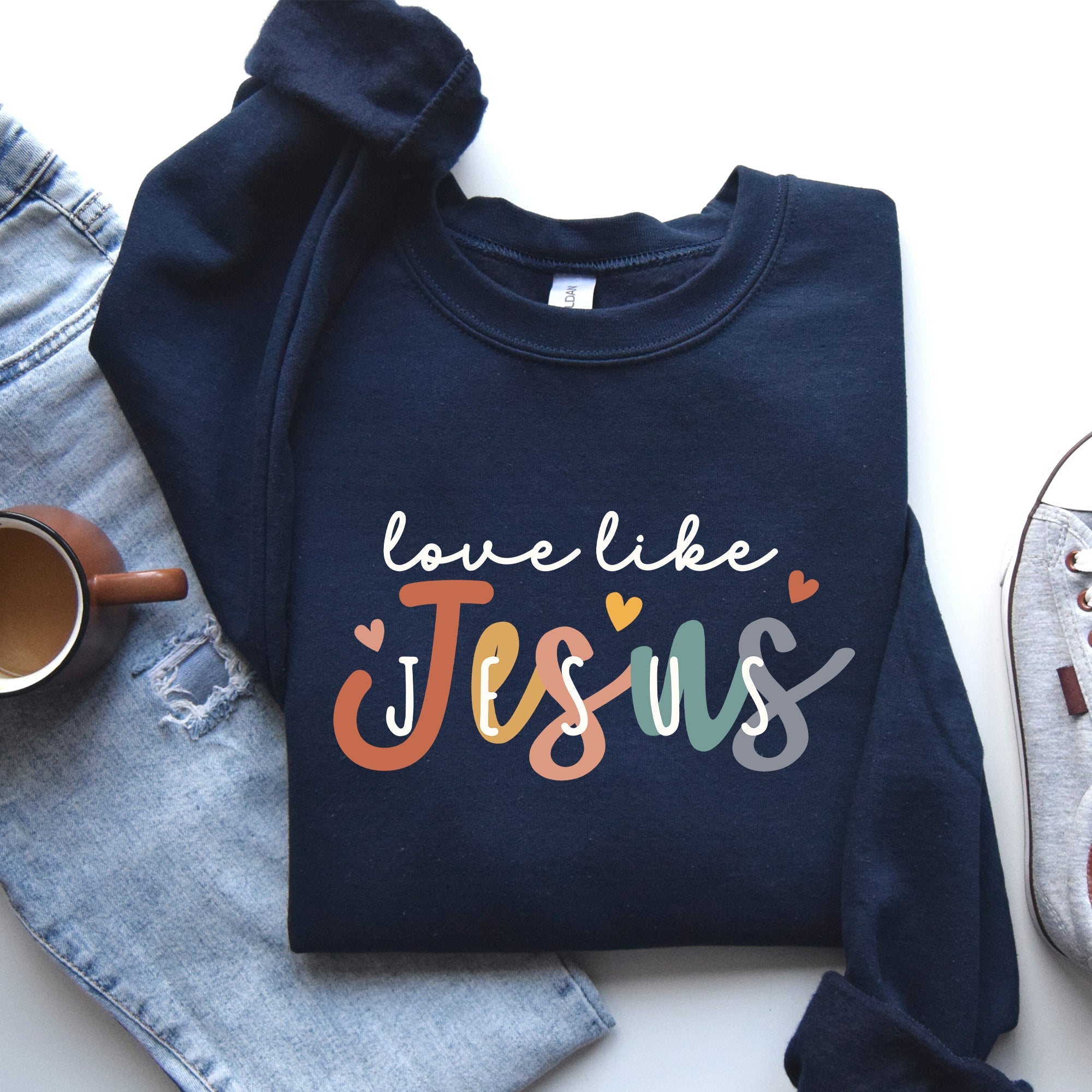 Love Like Jesus Hearts Colorful Christian Gospel Faith Inspirational Message Bold Style Sweatshirt