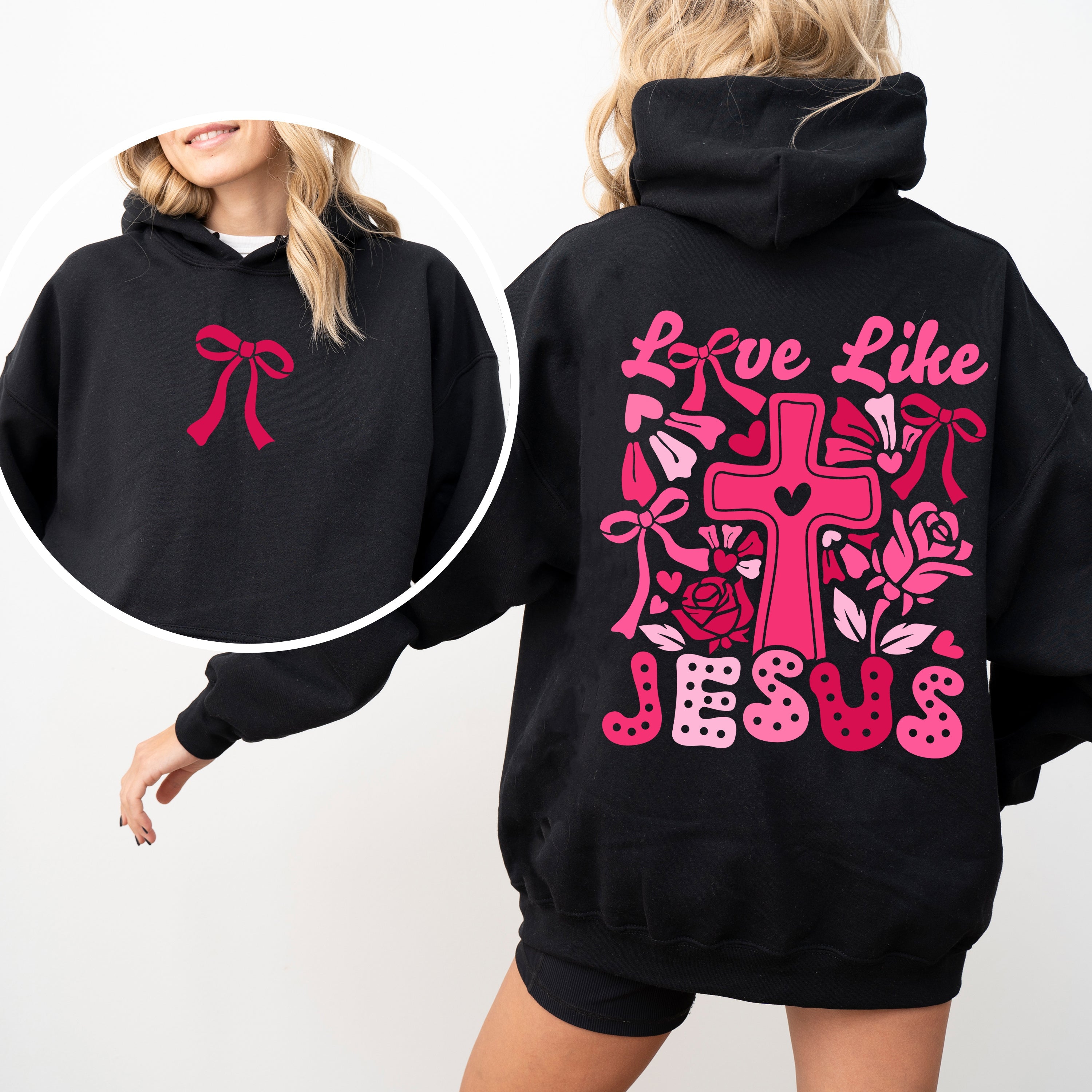 Love Like Jesus Valentines Theme Heart Cross Print Front and Back Christian Premium Hoodie
