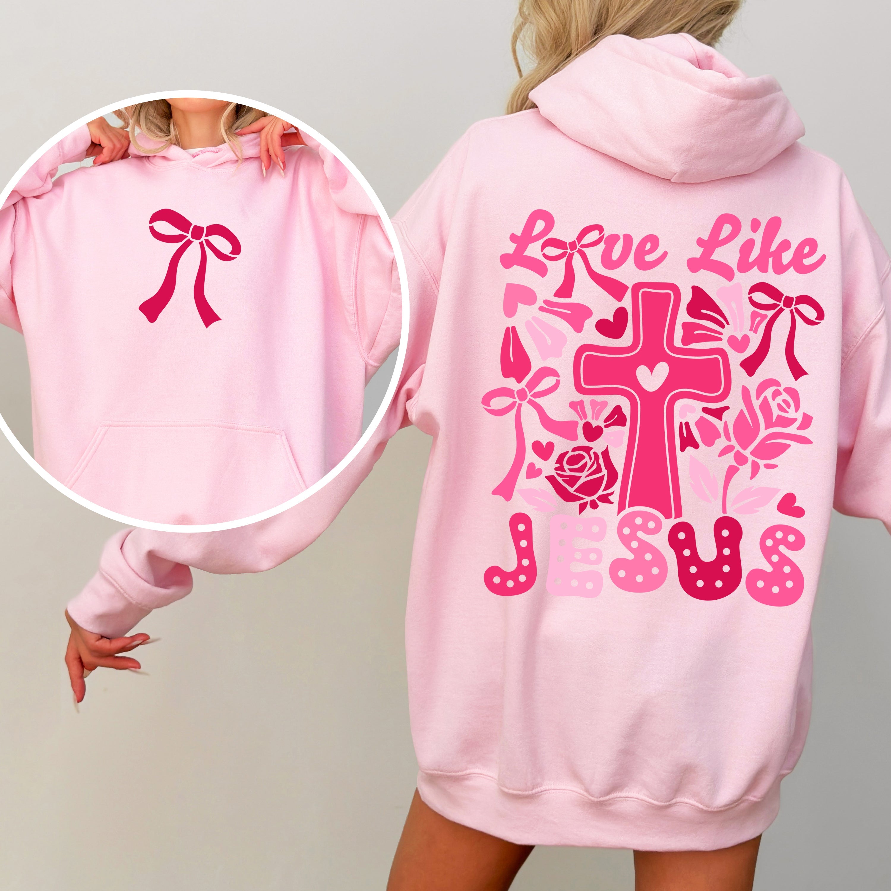 Love Like Jesus Valentines Theme Heart Cross Print Front and Back Christian Premium Hoodie