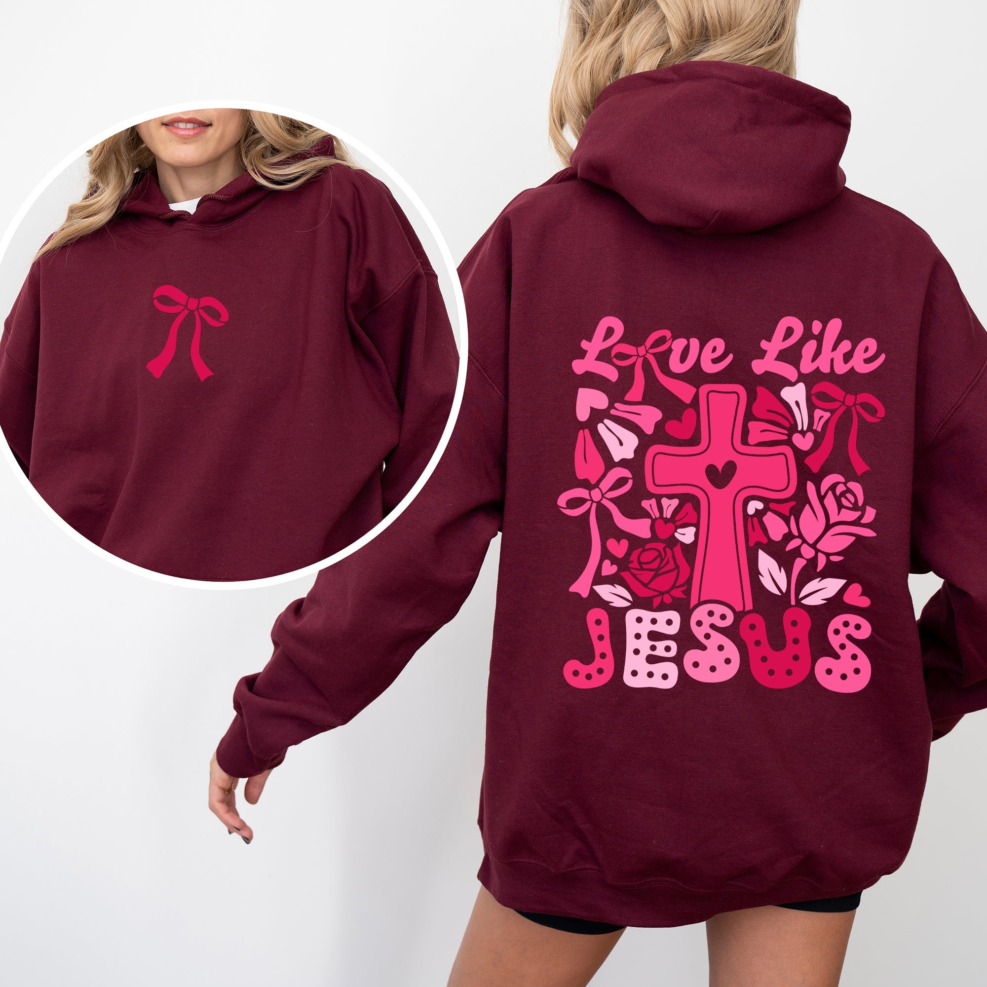 Love Like Jesus Valentines Theme Heart Cross Print Front and Back Christian Premium Hoodie