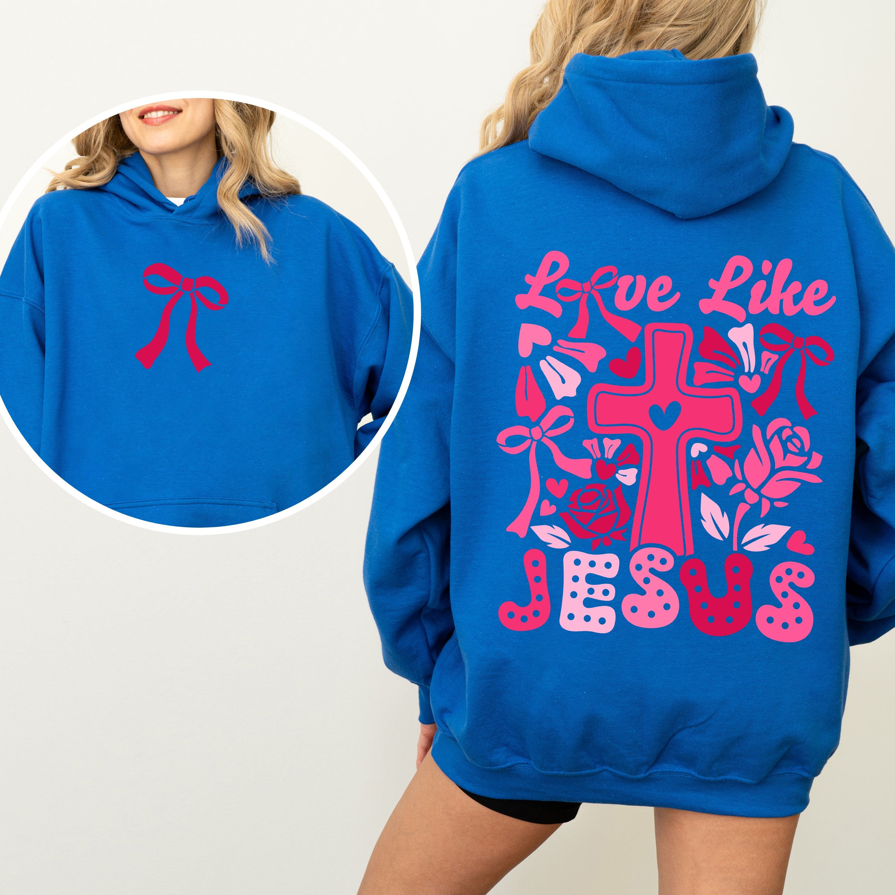 Love Like Jesus Valentines Theme Heart Cross Print Front and Back Christian Premium Hoodie