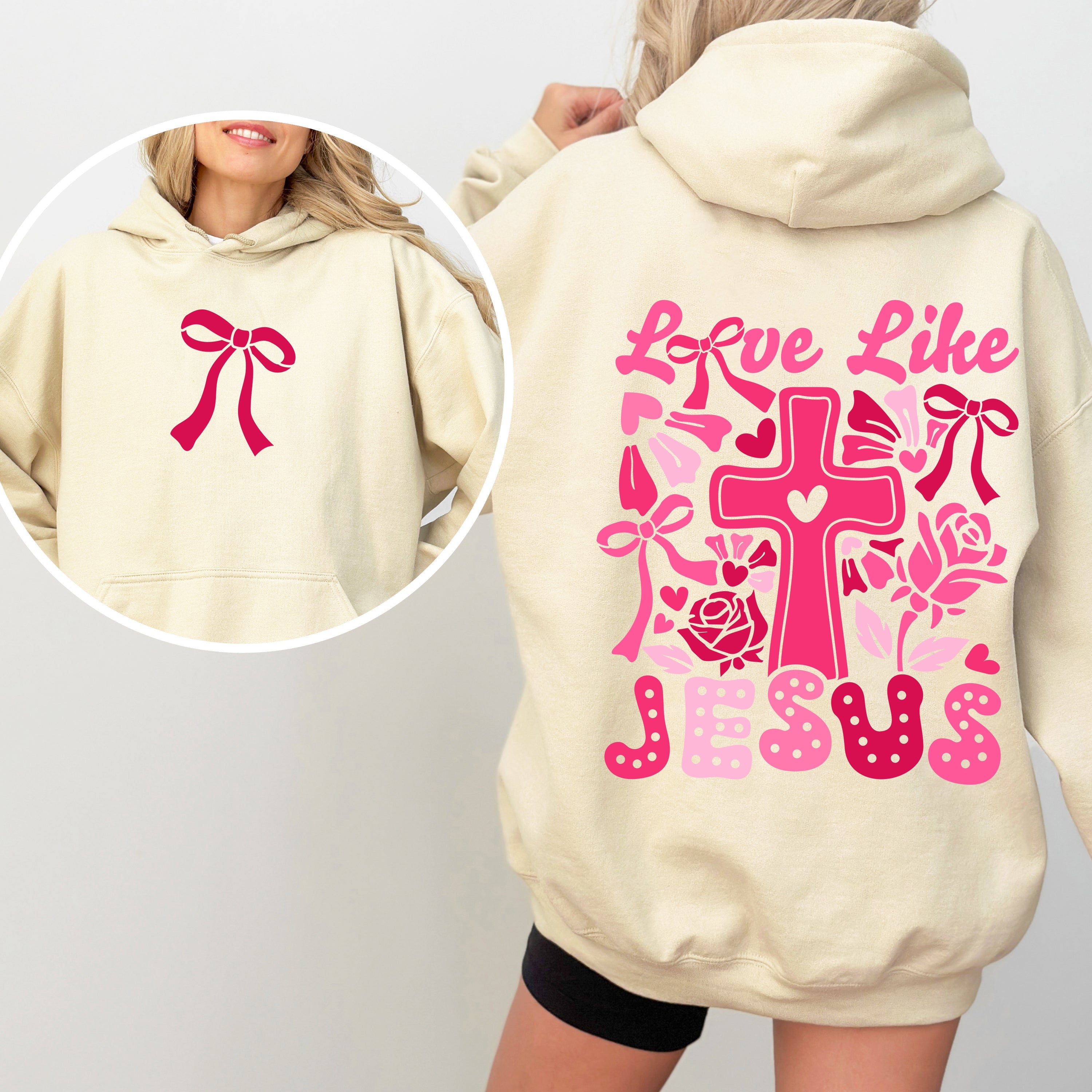 Love Like Jesus Valentines Theme Heart Cross Print Front and Back Christian Premium Hoodie