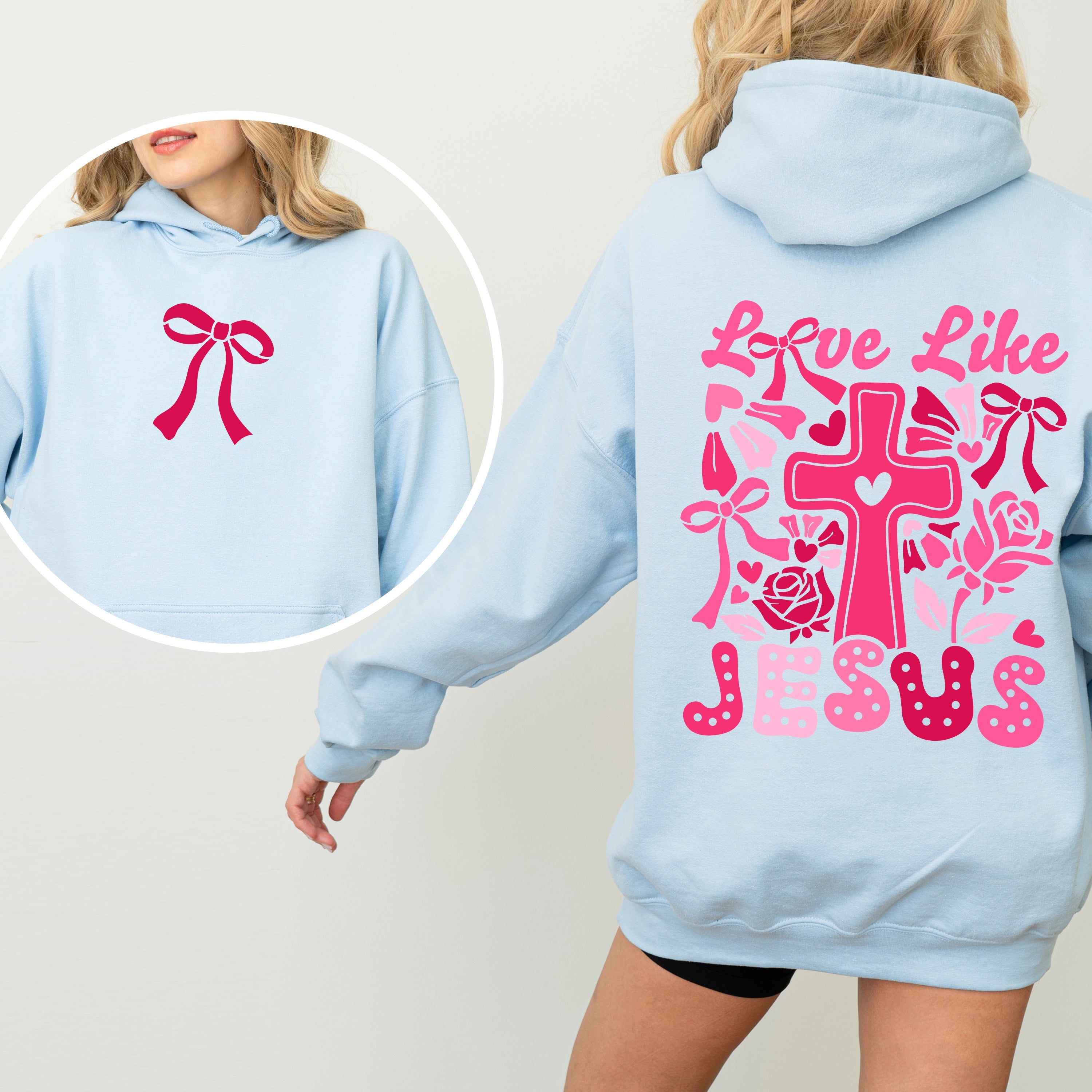 Love Like Jesus Valentines Theme Heart Cross Print Front and Back Christian Premium Hoodie