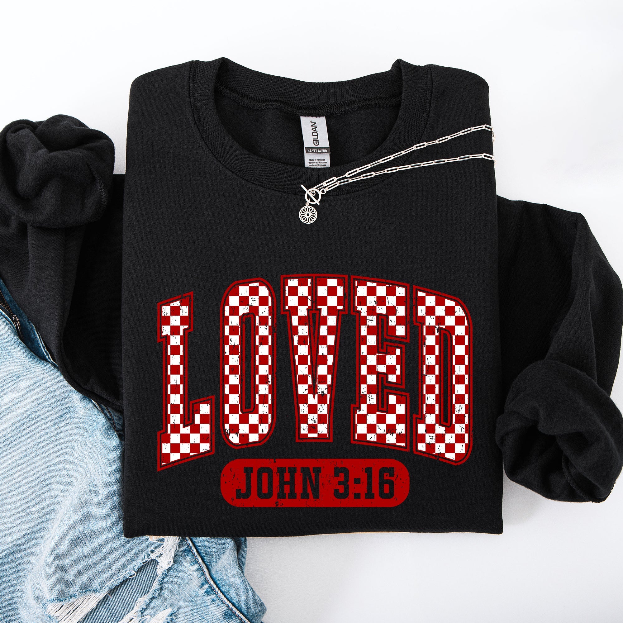 Loved John 3:16 Checkered Cozy Valentine Love Christian Faith Scripture Sweatshirt