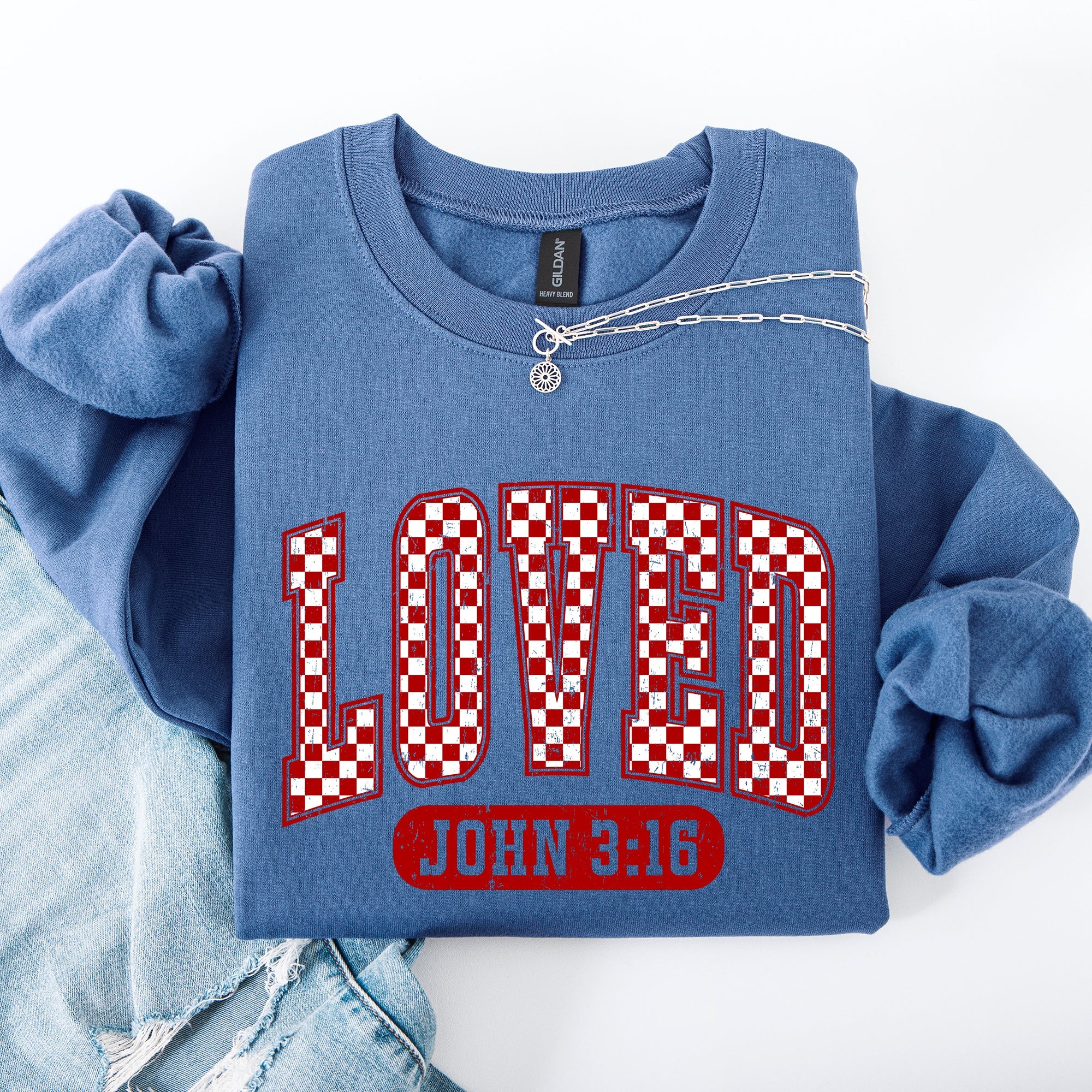 Loved John 3:16 Checkered Cozy Valentine Love Christian Faith Scripture Sweatshirt