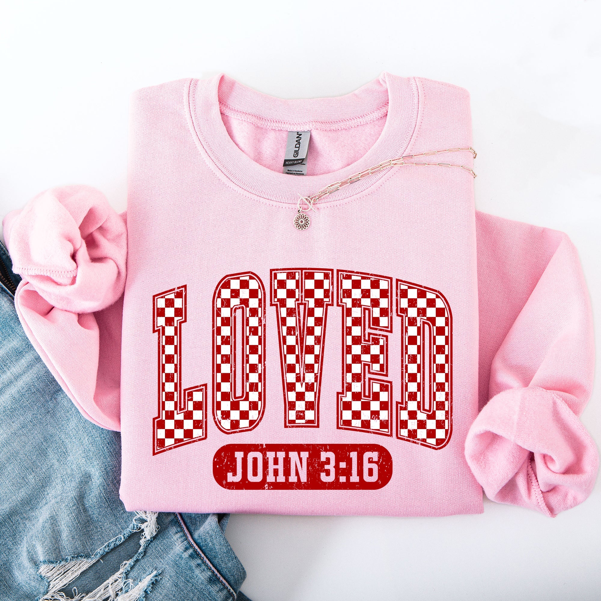 Loved John 3:16 Checkered Cozy Valentine Love Christian Faith Scripture Sweatshirt