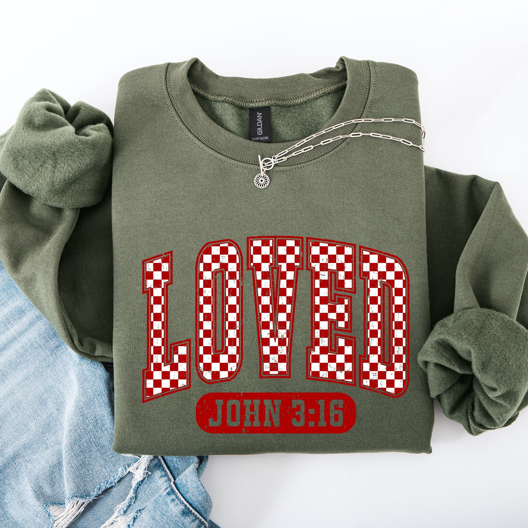 Loved John 3:16 Checkered Cozy Valentine Love Christian Faith Scripture Sweatshirt