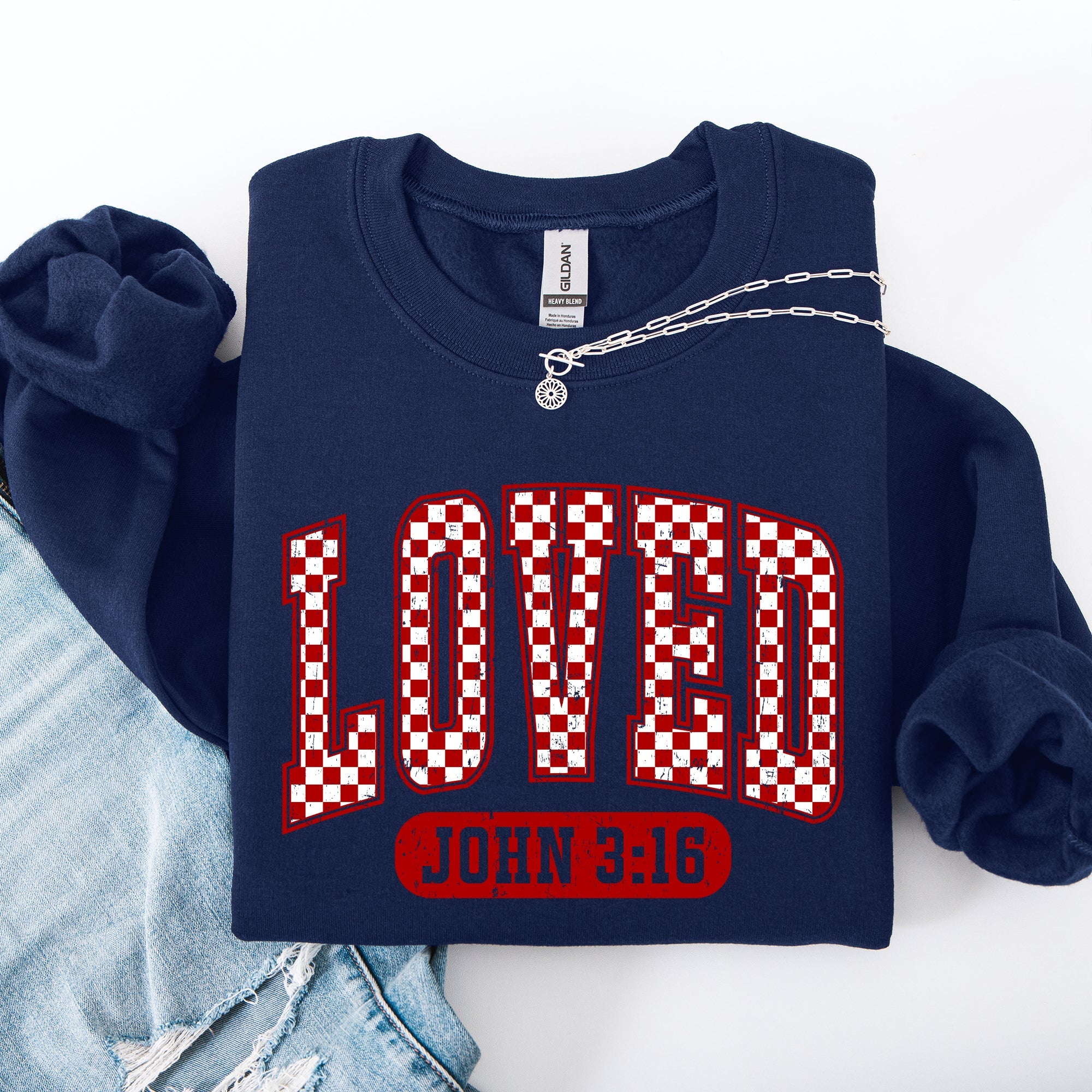 Loved John 3:16 Checkered Cozy Valentine Love Christian Faith Scripture Sweatshirt