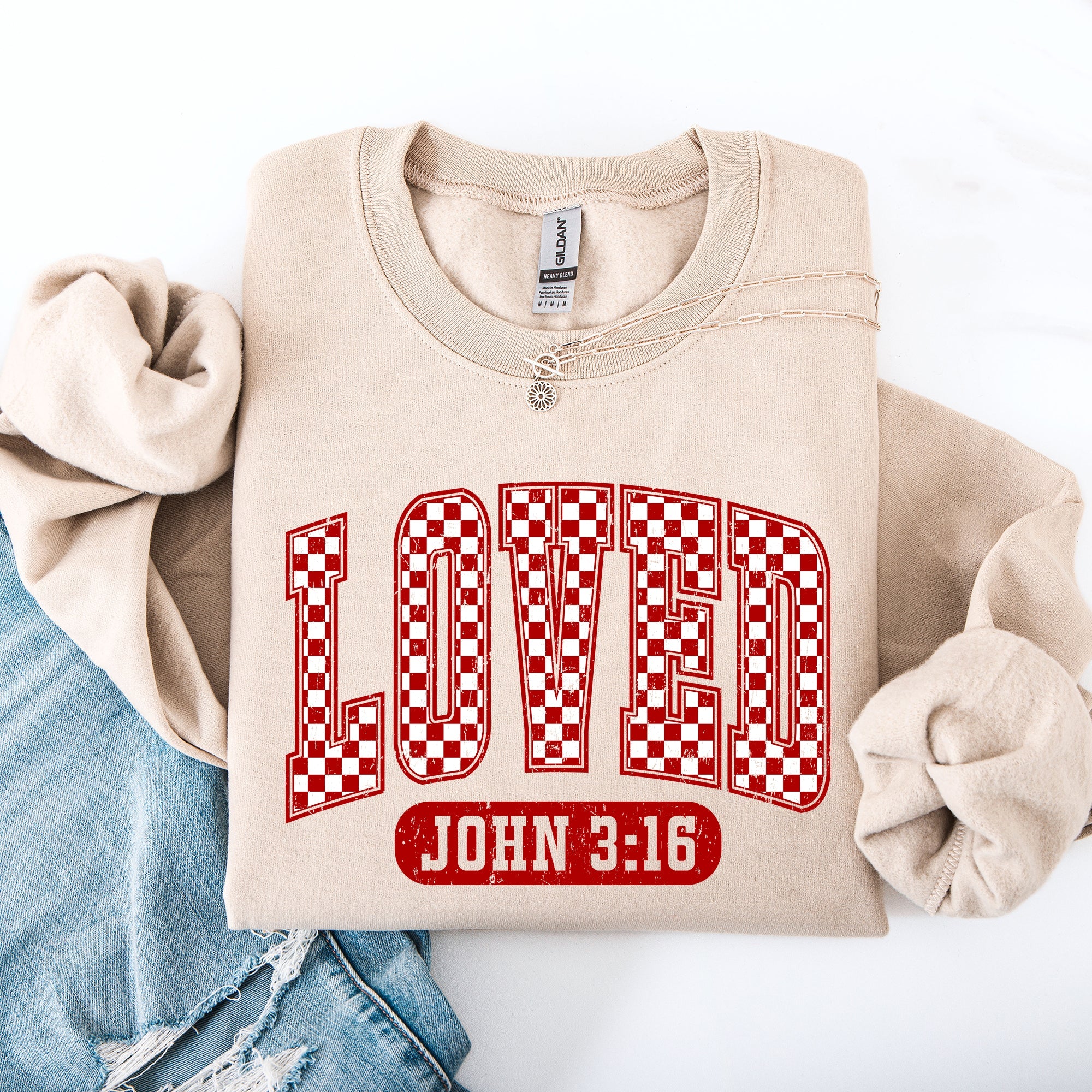Loved John 3:16 Checkered Cozy Valentine Love Christian Faith Scripture Sweatshirt